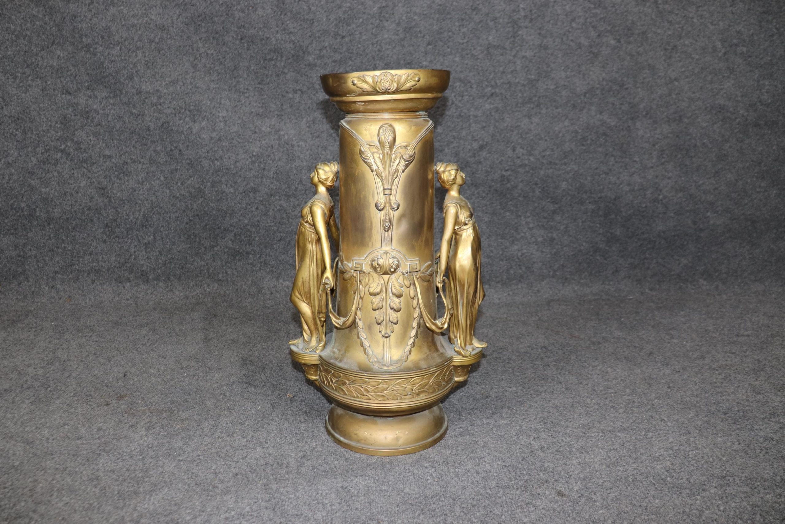 Vintage Art Nouveau Gilt Metal Figural Urn Vase: Entryway Decor