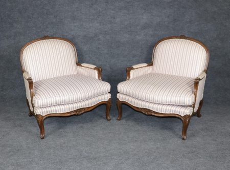 Pair of Louis XV Style Pink and Blue Upholstered Bergeres, Armchairs