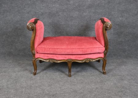 French Louis XV Style Window Bench with Burgundy Upholstery, Vintage Bench