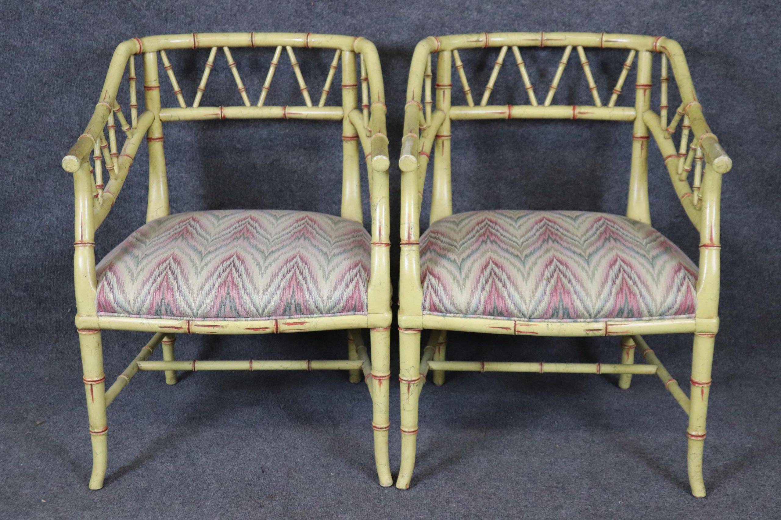 Hollywood Regency Faux Bamboo Armchairs: Creme Accent Chairs, Pair - Image 2