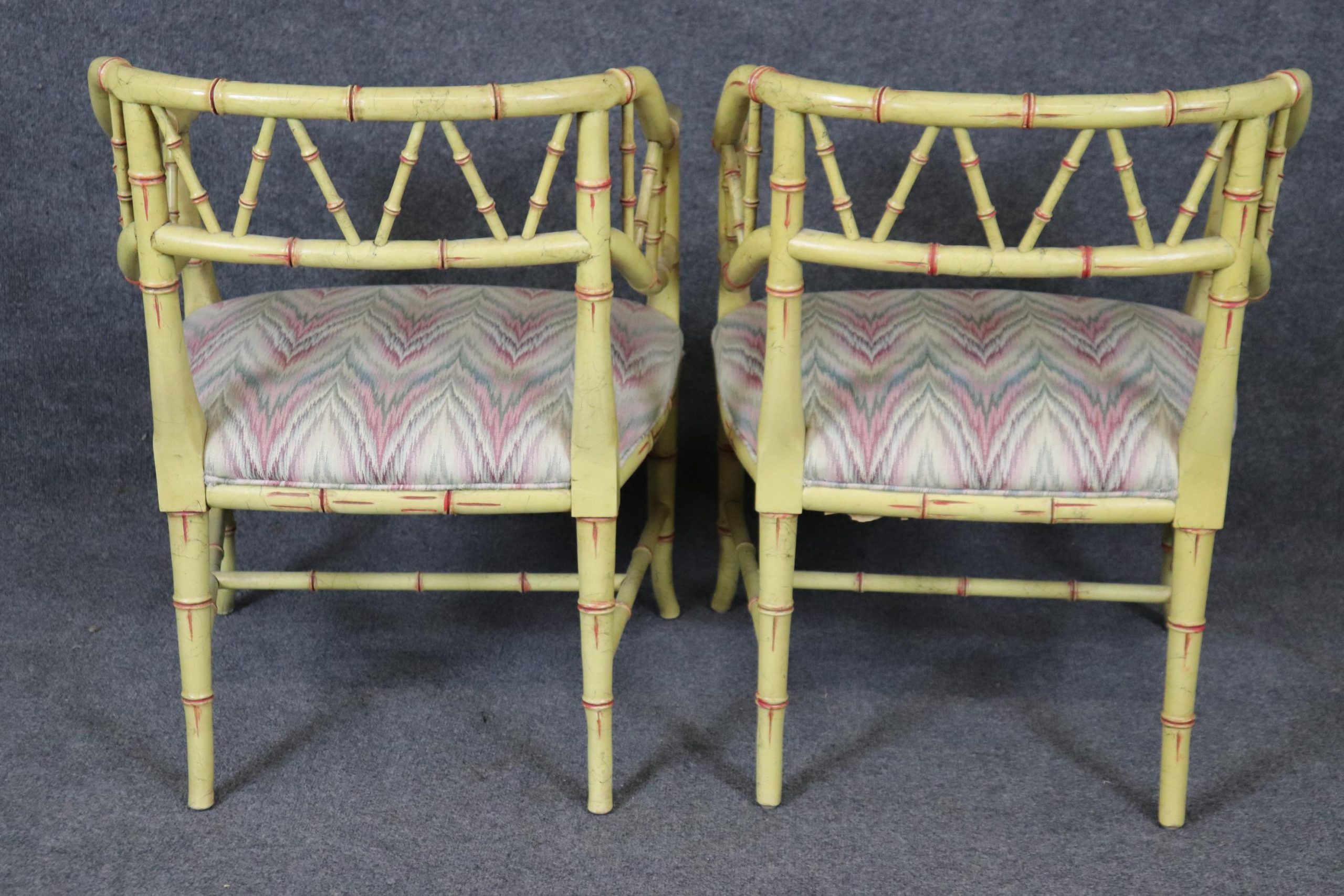 Hollywood Regency Faux Bamboo Armchairs: Creme Accent Chairs, Pair - Image 4