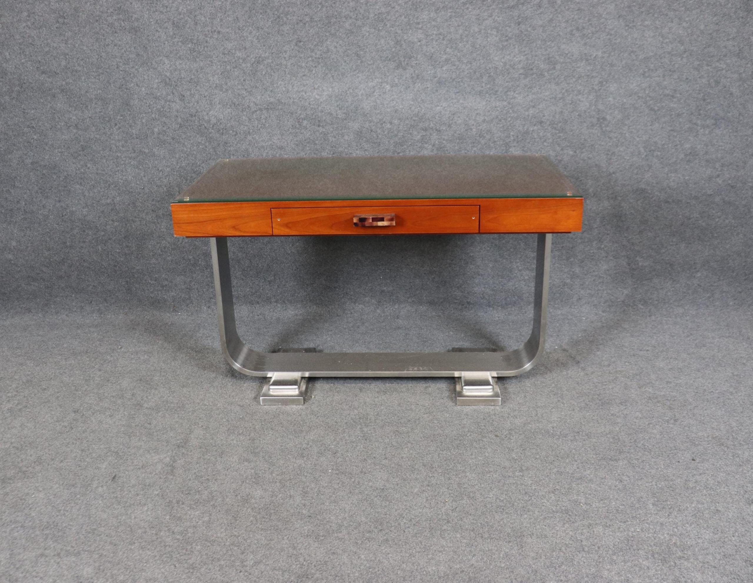 Vintage Art Deco Leather Top Desk: Ruhlmann Style Writing Table