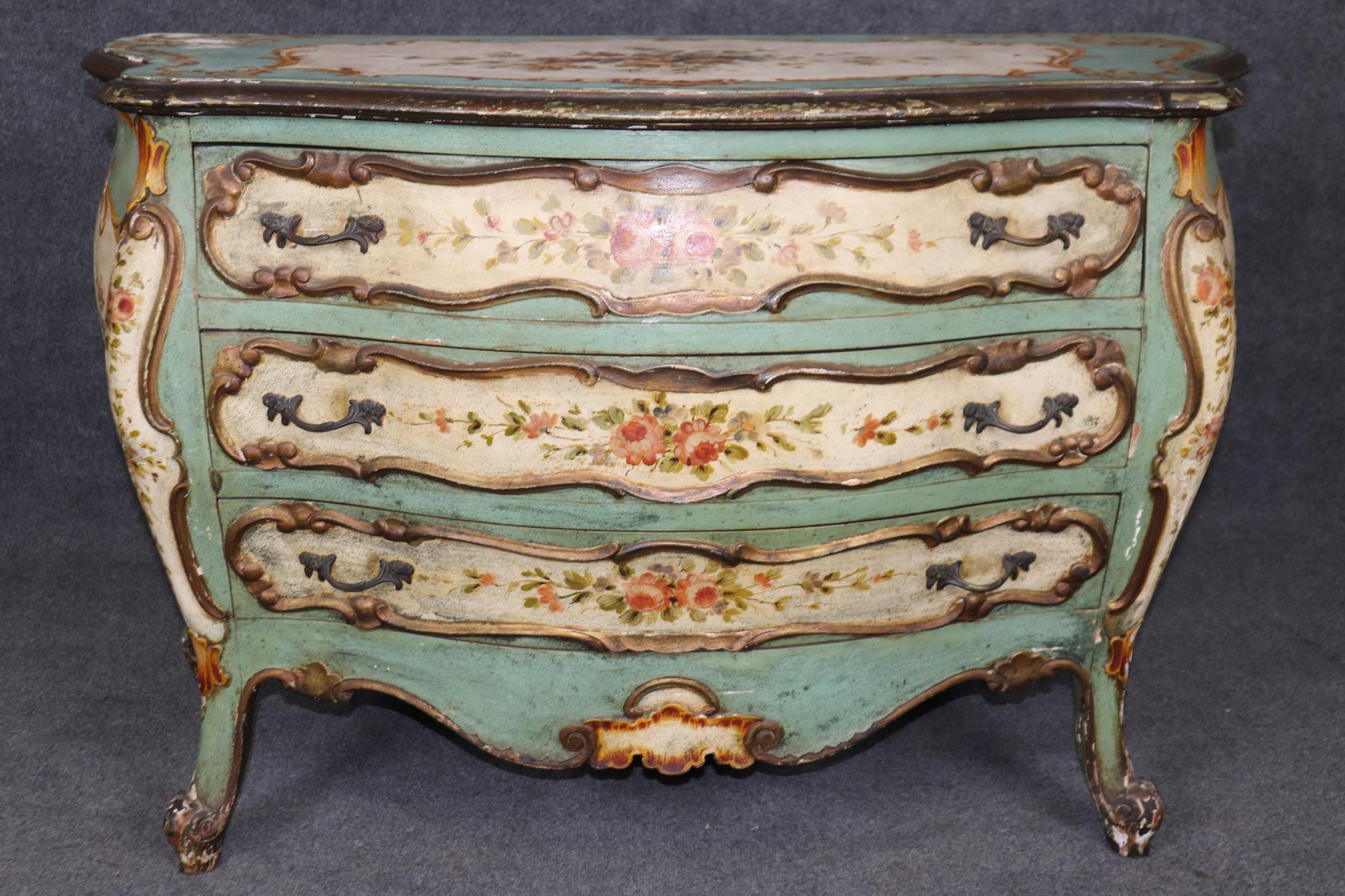 Antique 19th Century Venetian Bombe Commode: Painted Chest of Drawers - Image 2