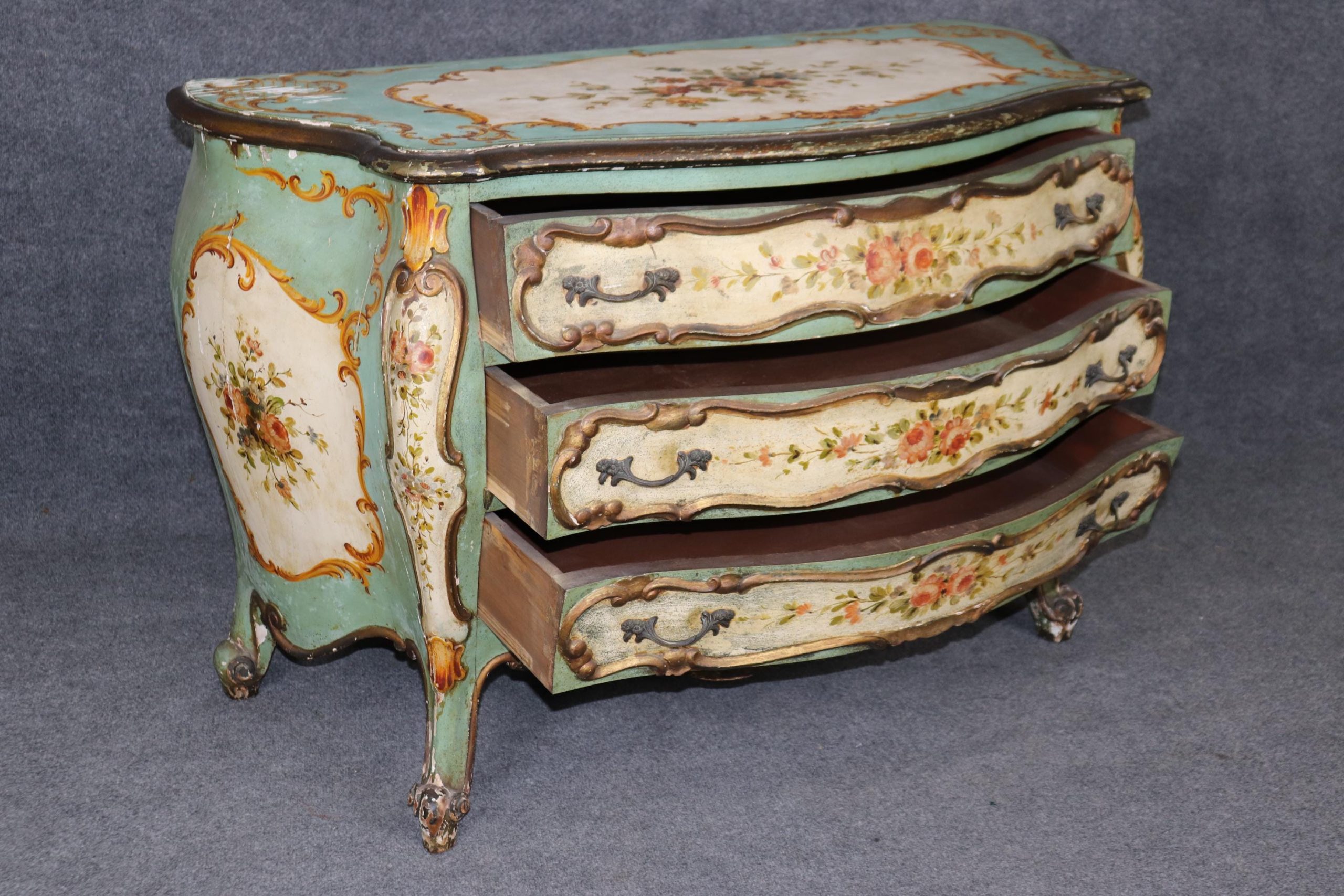 Antique 19th Century Venetian Bombe Commode: Painted Chest of Drawers - Image 4