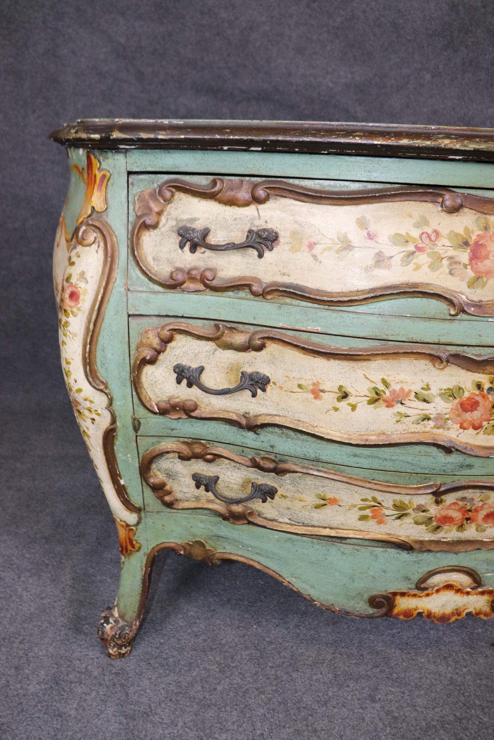 Antique 19th Century Venetian Bombe Commode: Painted Chest of Drawers - Image 10