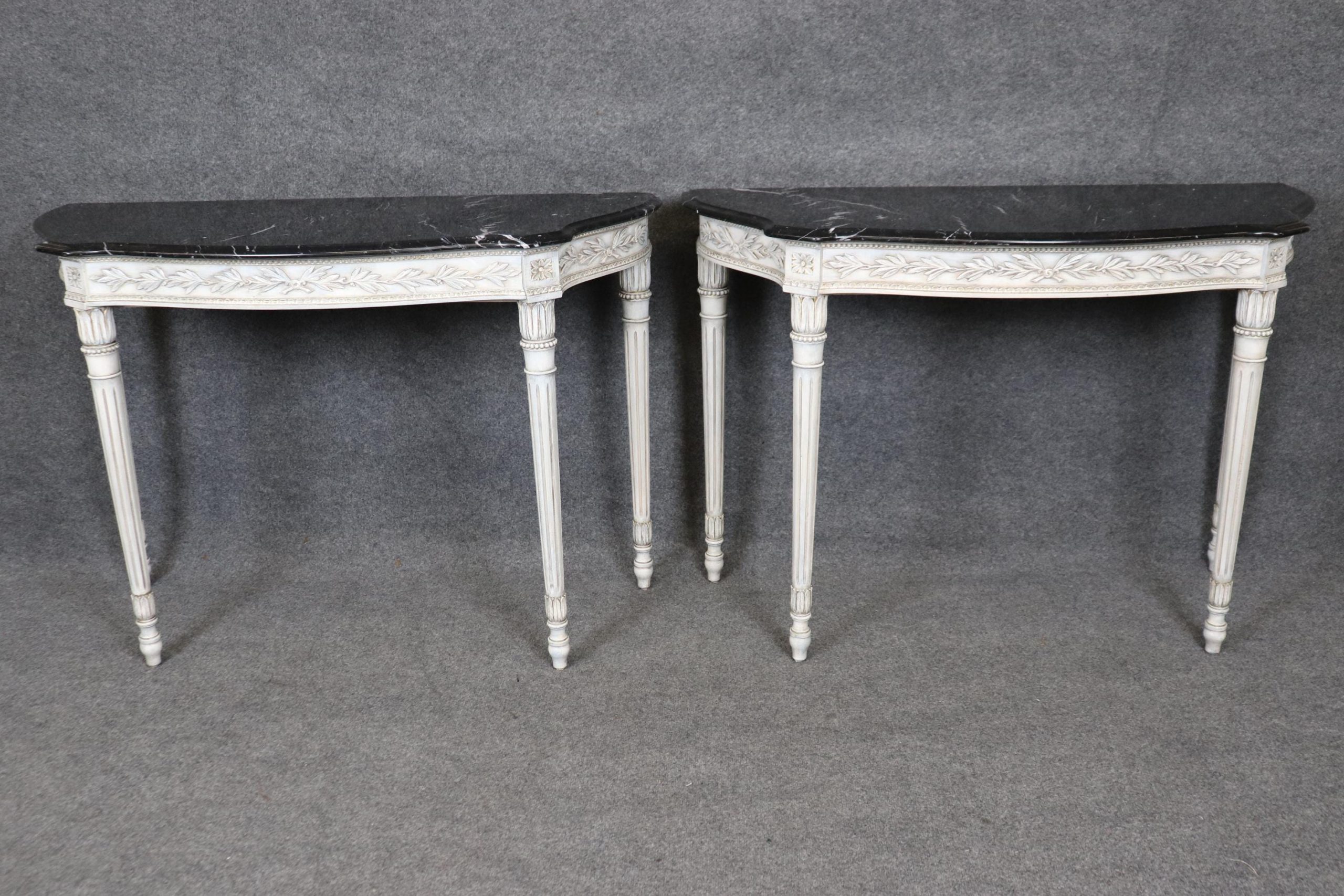 Mid Century Louis XVI Style Marble Top Console Tables - Distressed Painted Pair - Image 2