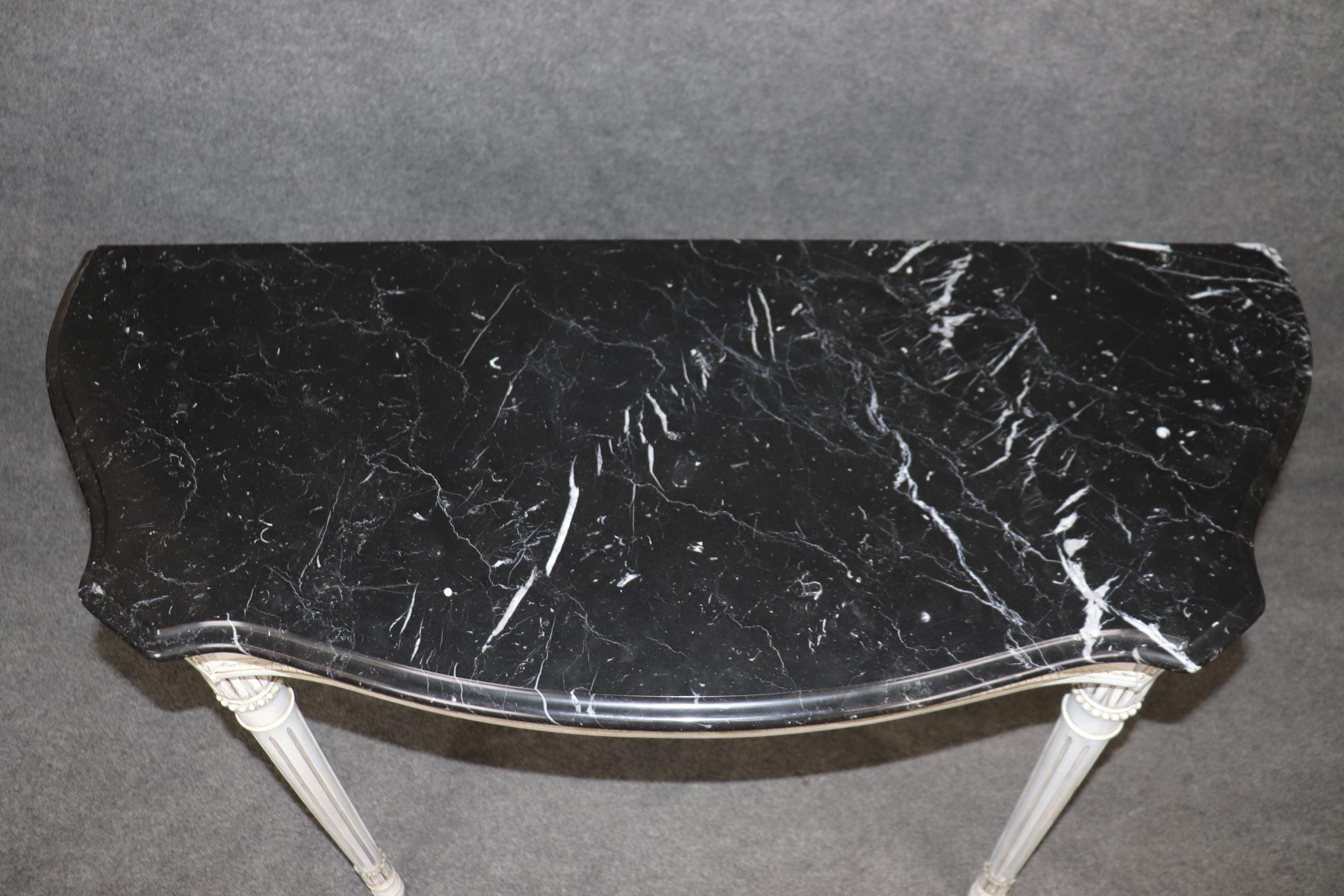 Mid Century Louis XVI Style Marble Top Console Tables - Distressed Painted Pair - Image 5