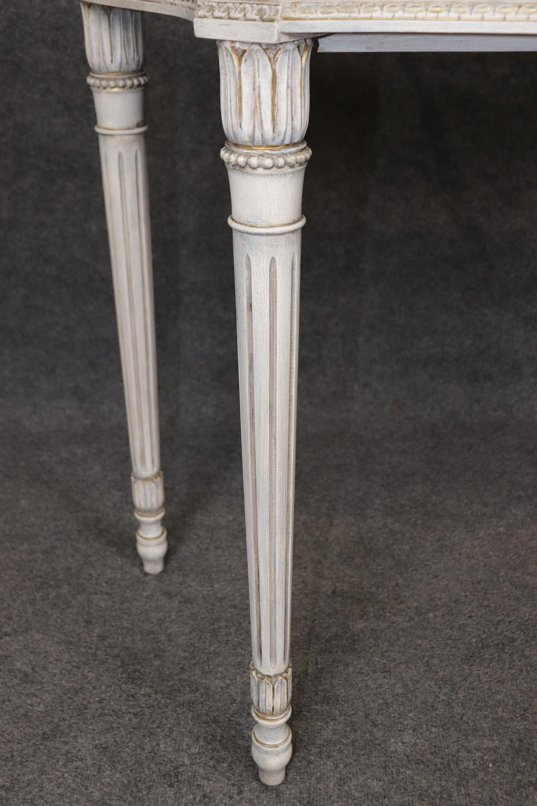 Mid Century Louis XVI Style Marble Top Console Tables - Distressed Painted Pair - Image 6
