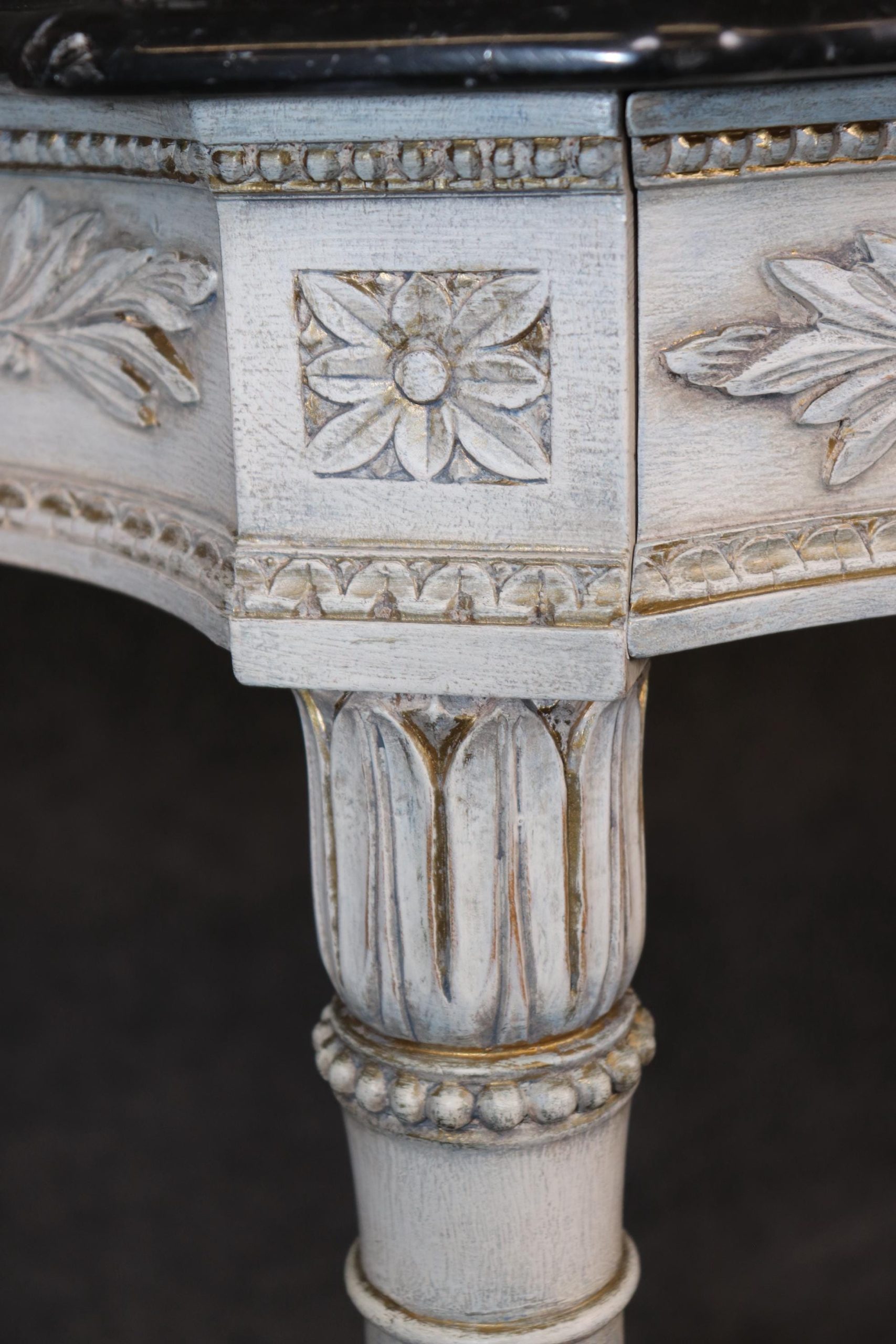 Mid Century Louis XVI Style Marble Top Console Tables - Distressed Painted Pair - Image 7