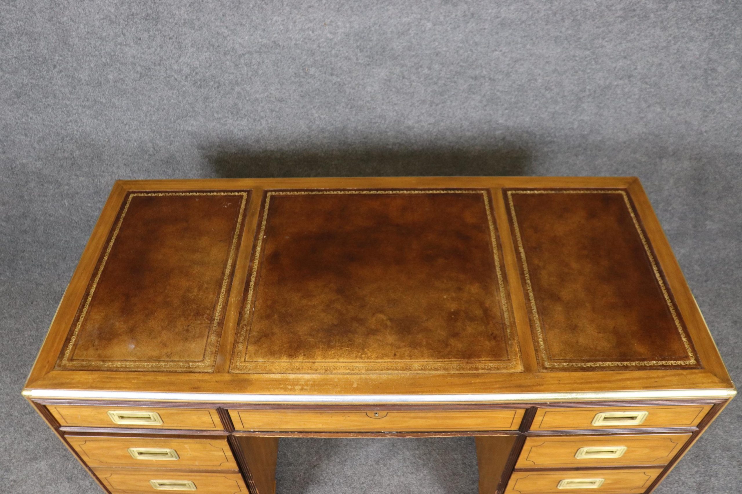 Vintage Baker Furniture Campaign Style Leather Top Desk - Image 4