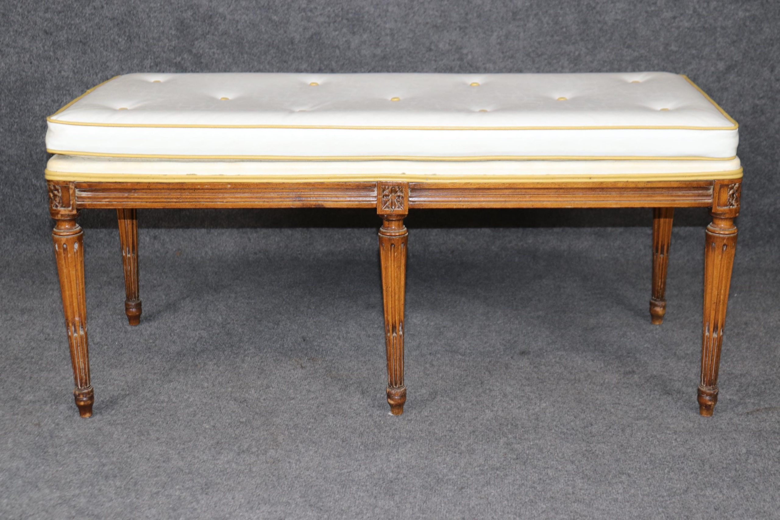 Vintage French Louis XVI Style Tufted Bench: Upholstered Window Seat - Image 2