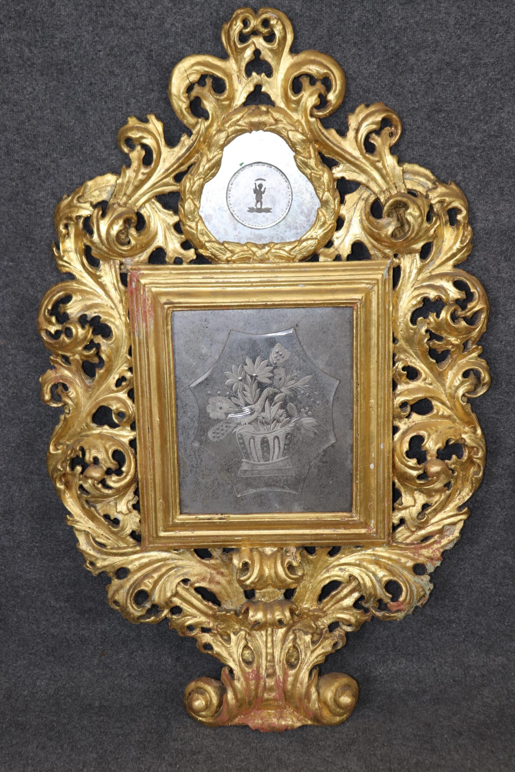 Antique Italian Gold Gilt Mirrors: Etched Glass Panel Pair - Image 3