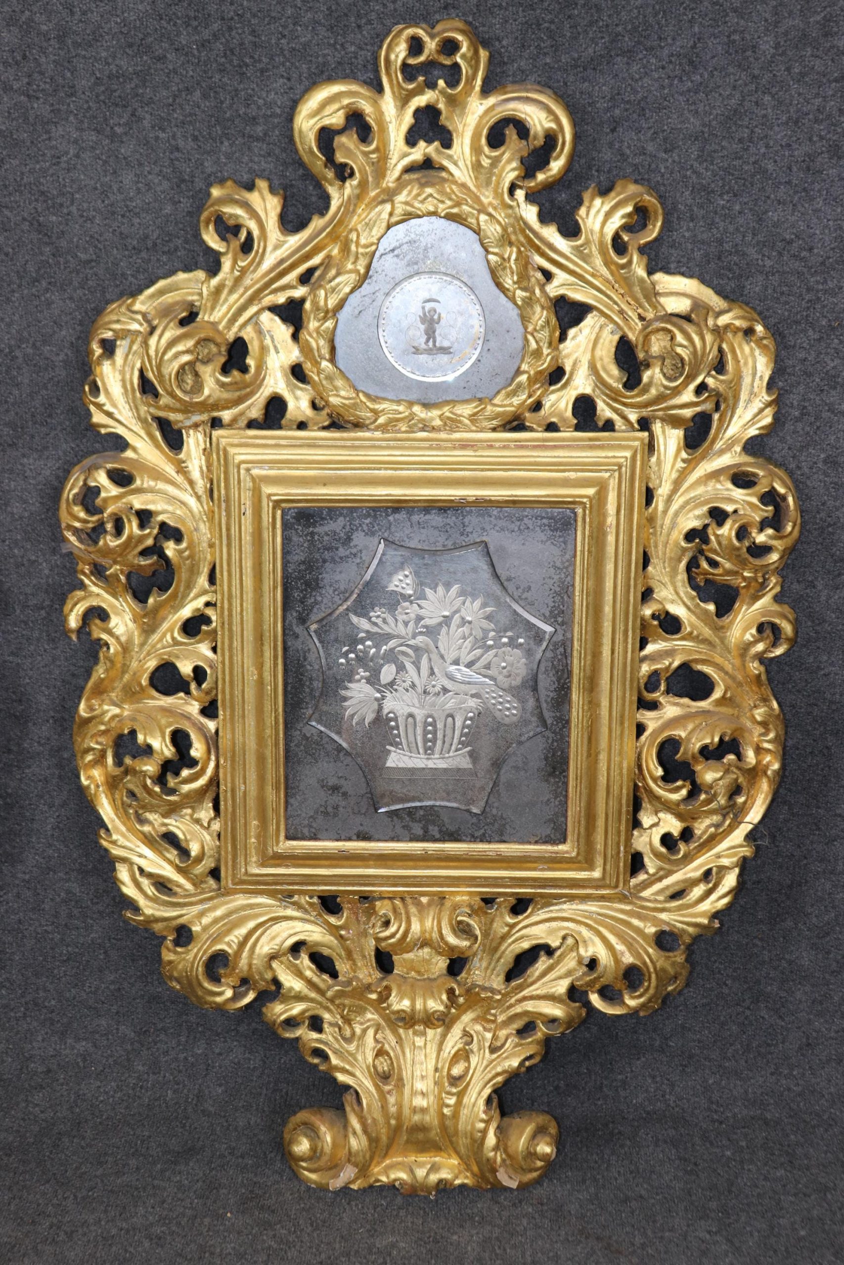 Antique Italian Gold Gilt Mirrors: Etched Glass Panel Pair - Image 4