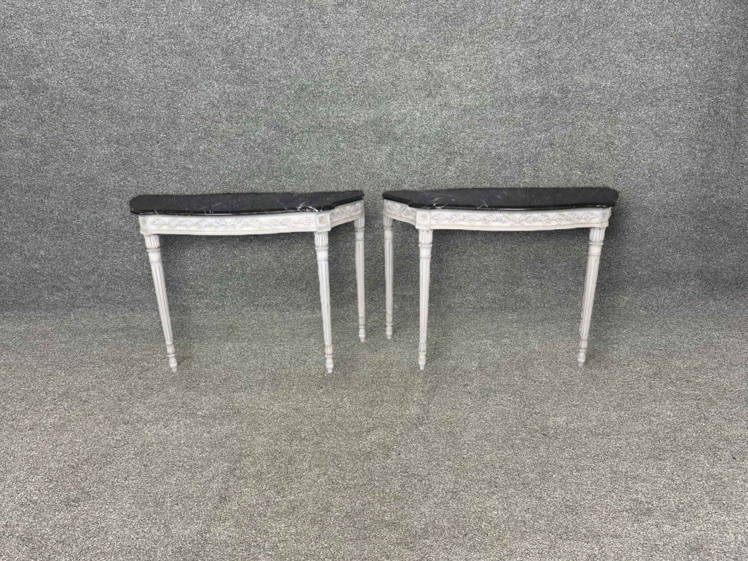 Mid Century Louis XVI Style Marble Top Console Tables - Distressed Painted Pair