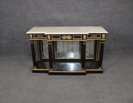 Vintage Louis XVI Style Alabaster Top Console Table: Black Entryway Server