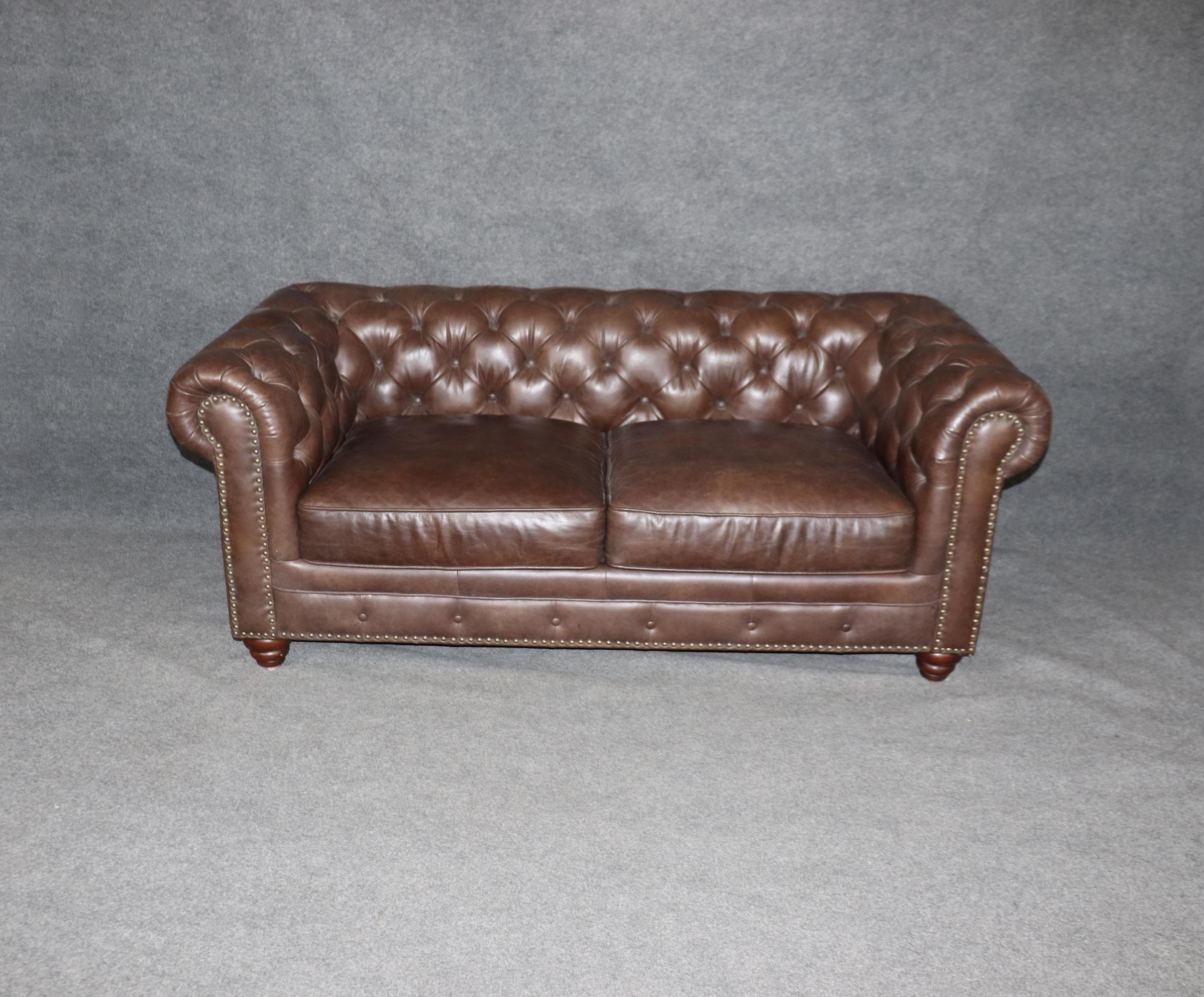 Vintage Brown Tufted Leather Chesterfield Loveseat - MCM Living Room Furniture