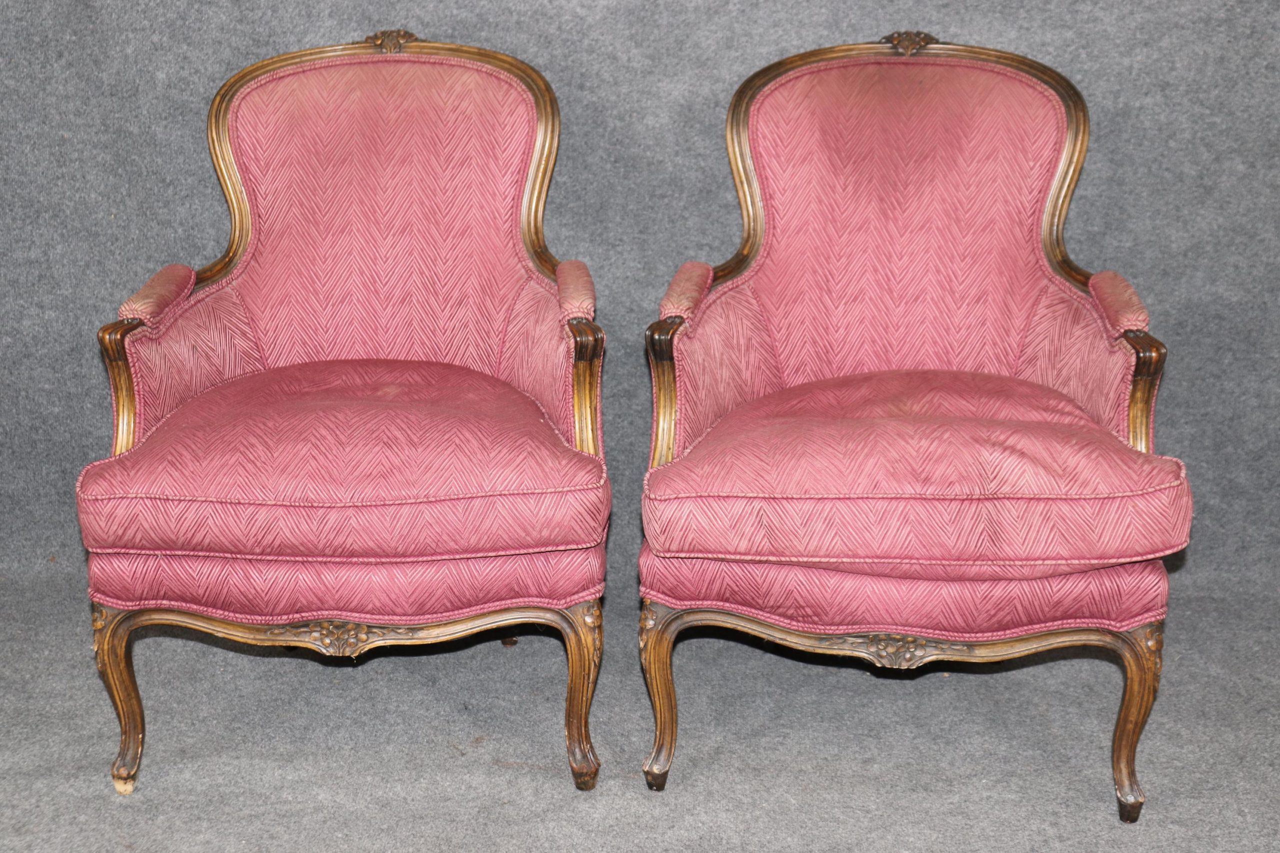 Antique French Louis XV Style Armchairs: Purple Upholstered Bergeres - Image 2