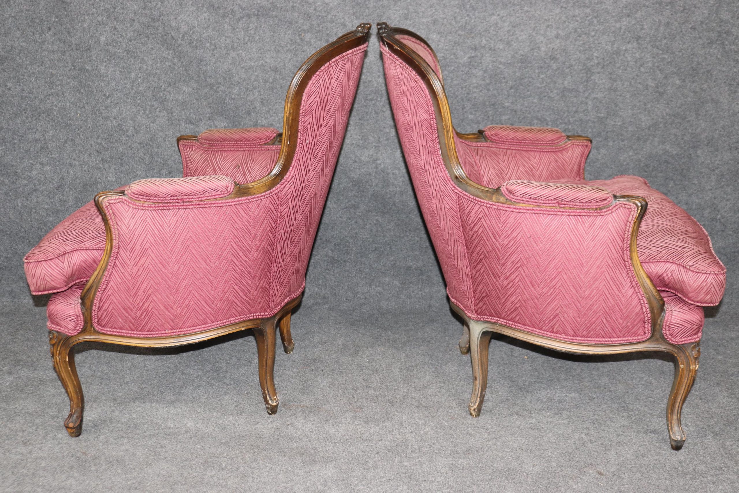 Antique French Louis XV Style Armchairs: Purple Upholstered Bergeres - Image 3