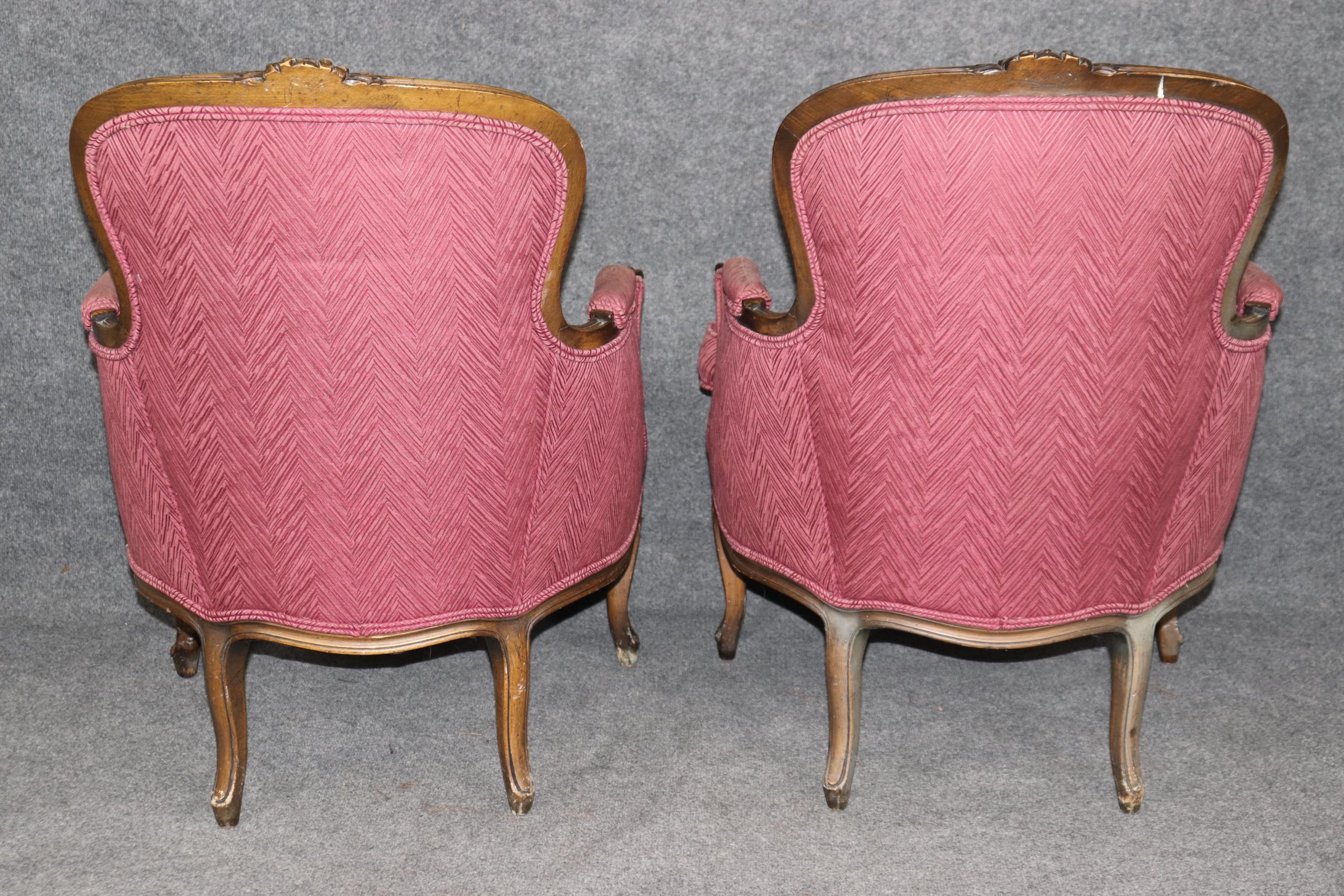 Antique French Louis XV Style Armchairs: Purple Upholstered Bergeres - Image 4