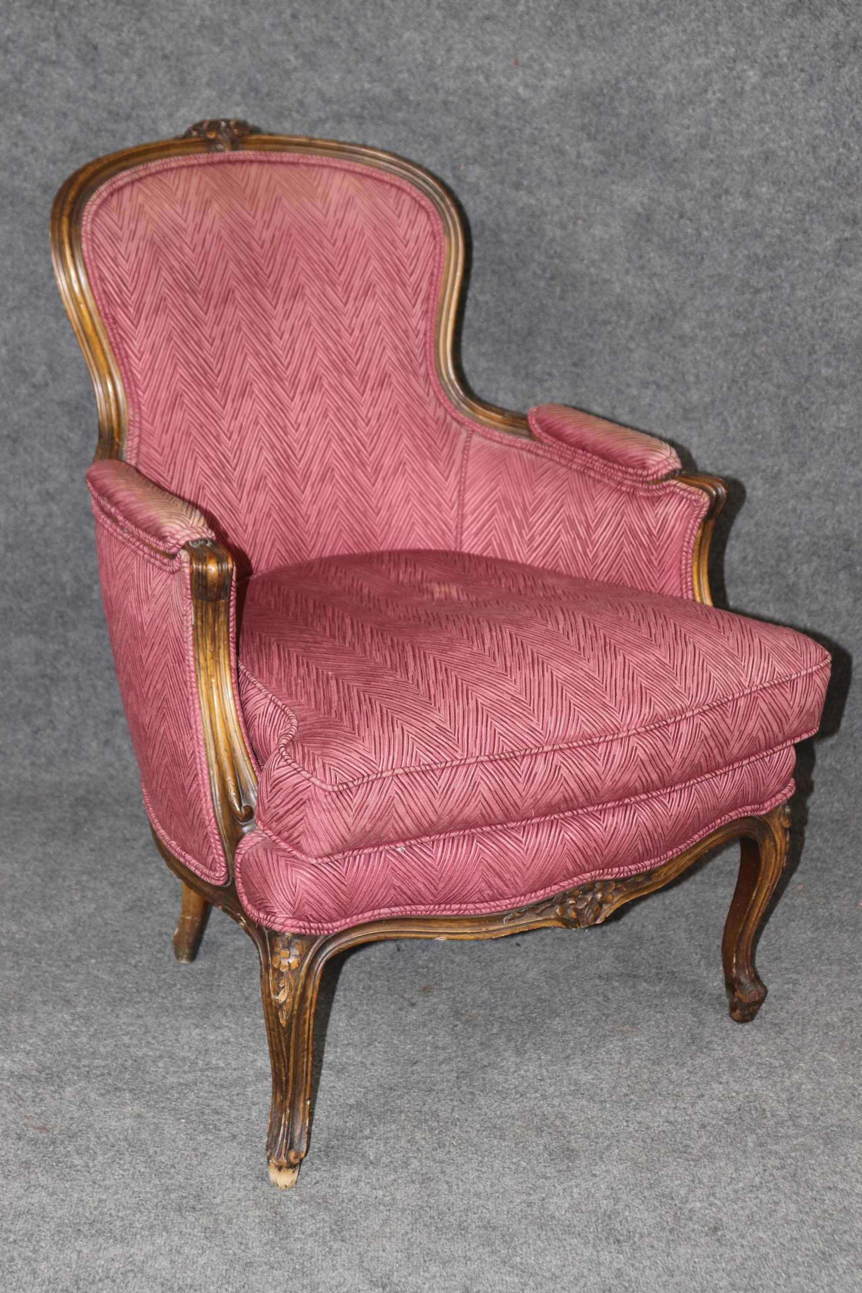 Antique French Louis XV Style Armchairs: Purple Upholstered Bergeres - Image 5