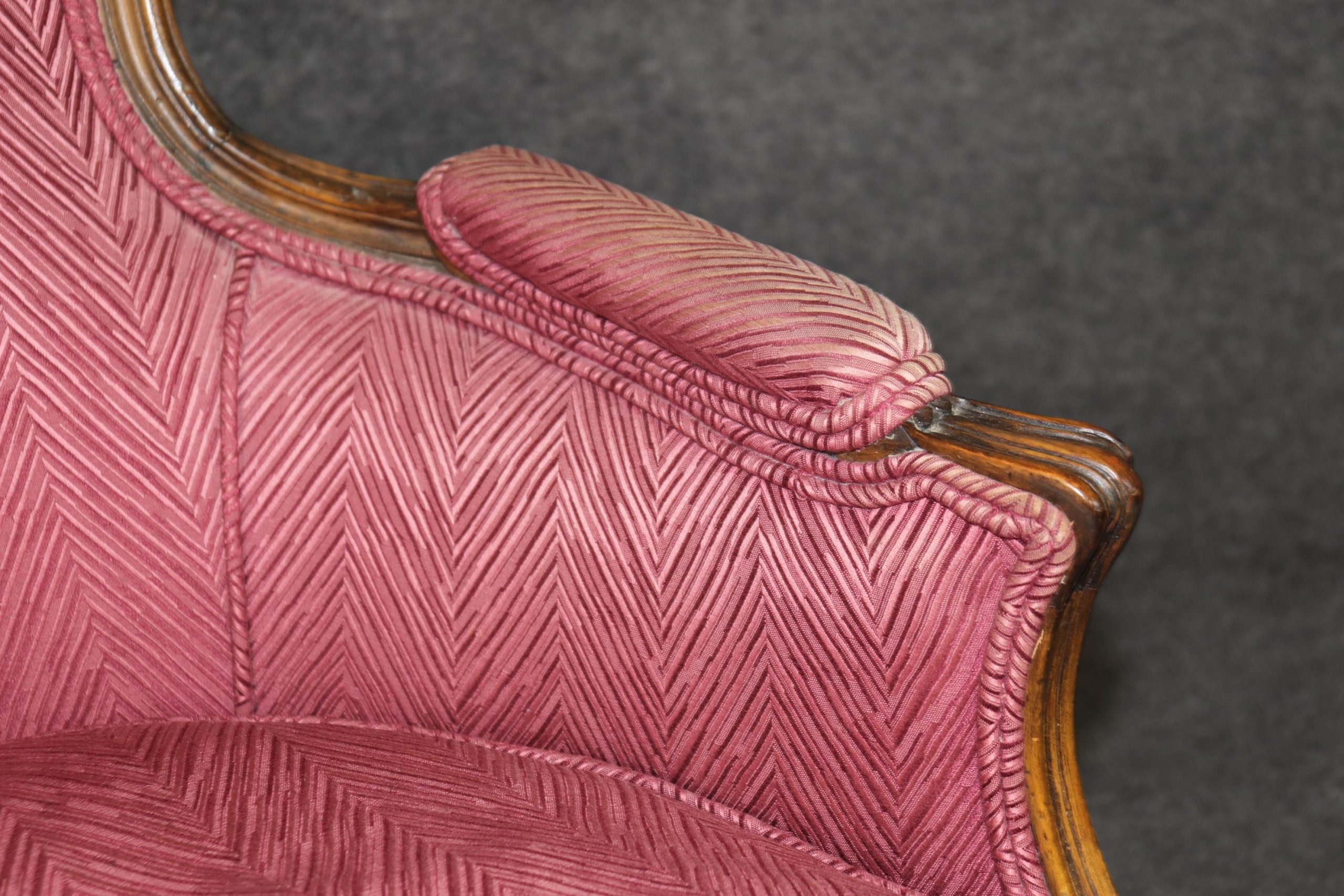 Antique French Louis XV Style Armchairs: Purple Upholstered Bergeres - Image 7