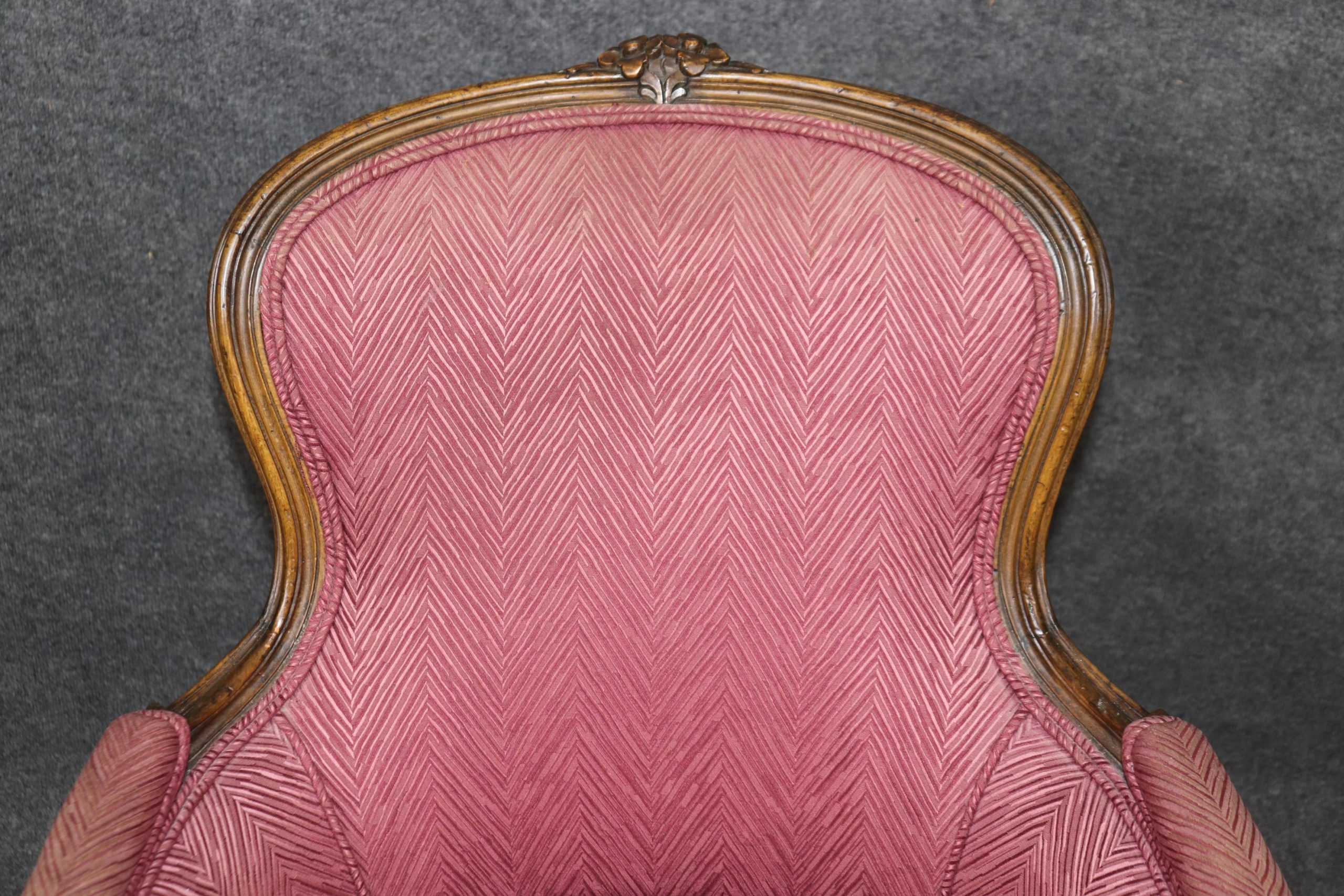 Antique French Louis XV Style Armchairs: Purple Upholstered Bergeres - Image 8
