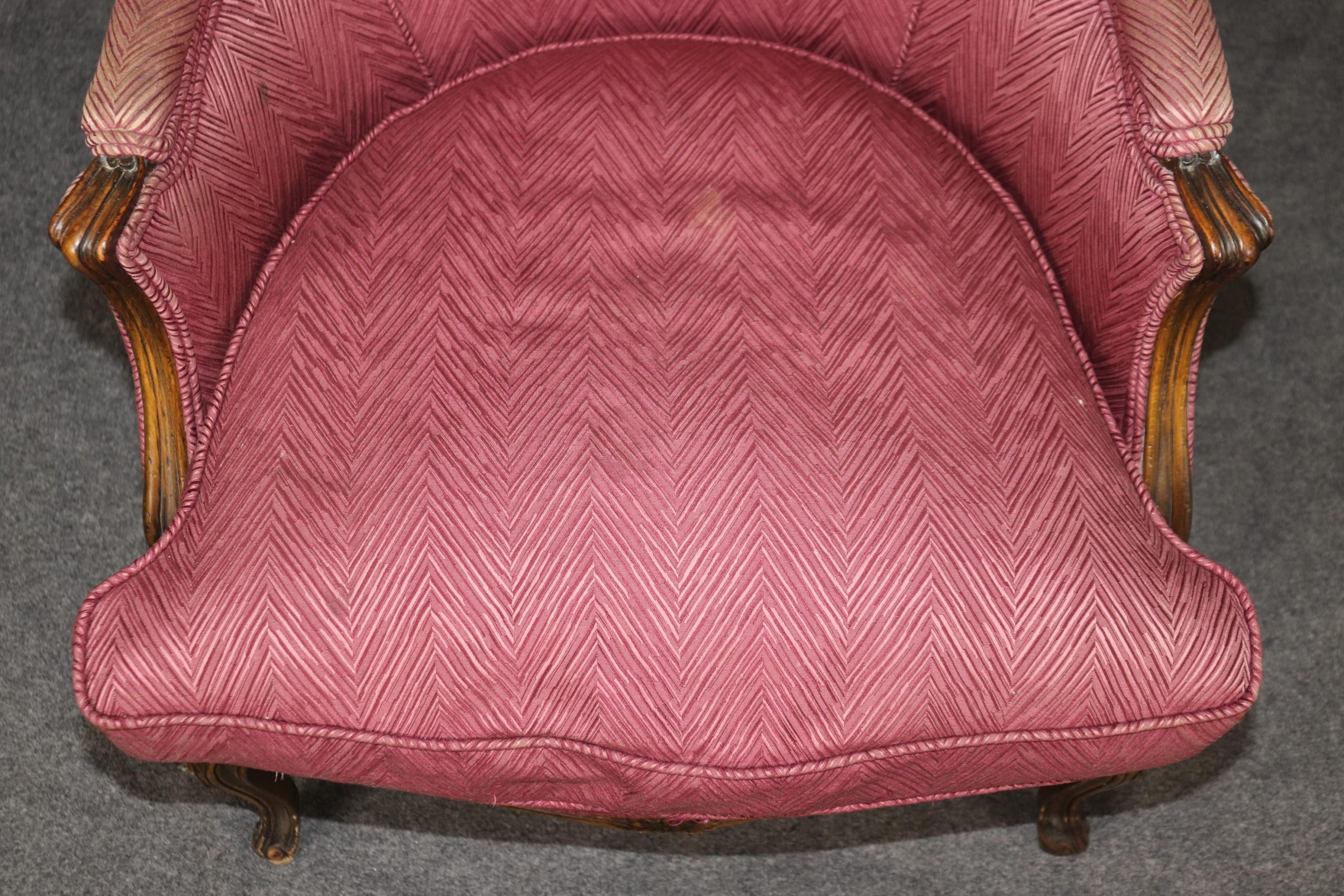 Antique French Louis XV Style Armchairs: Purple Upholstered Bergeres - Image 9