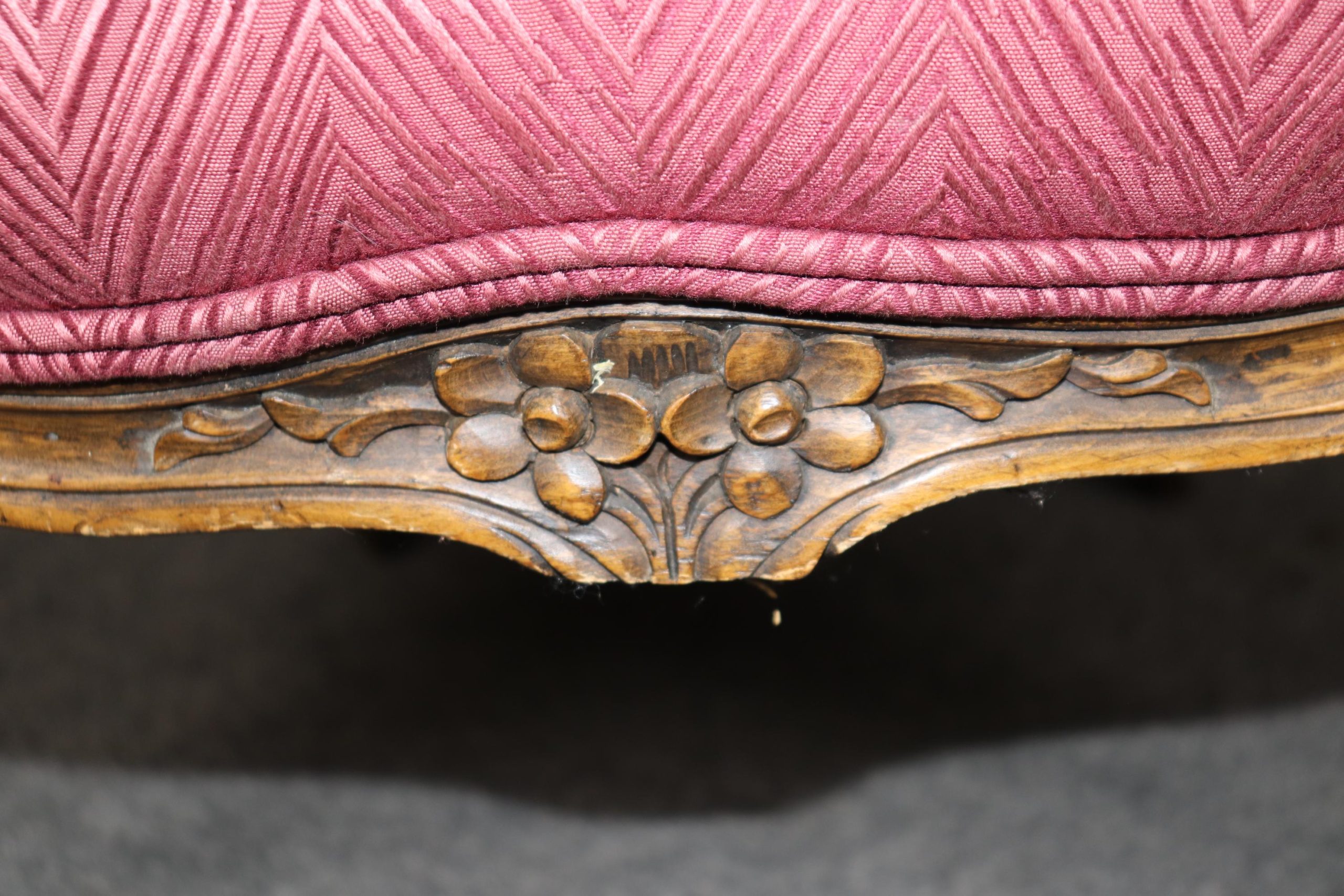 Antique French Louis XV Style Armchairs: Purple Upholstered Bergeres - Image 10