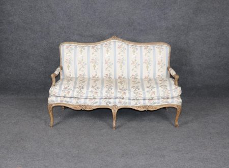 Vintage Louis XV Style Settee: Distressed Paint, Floral Upholstery