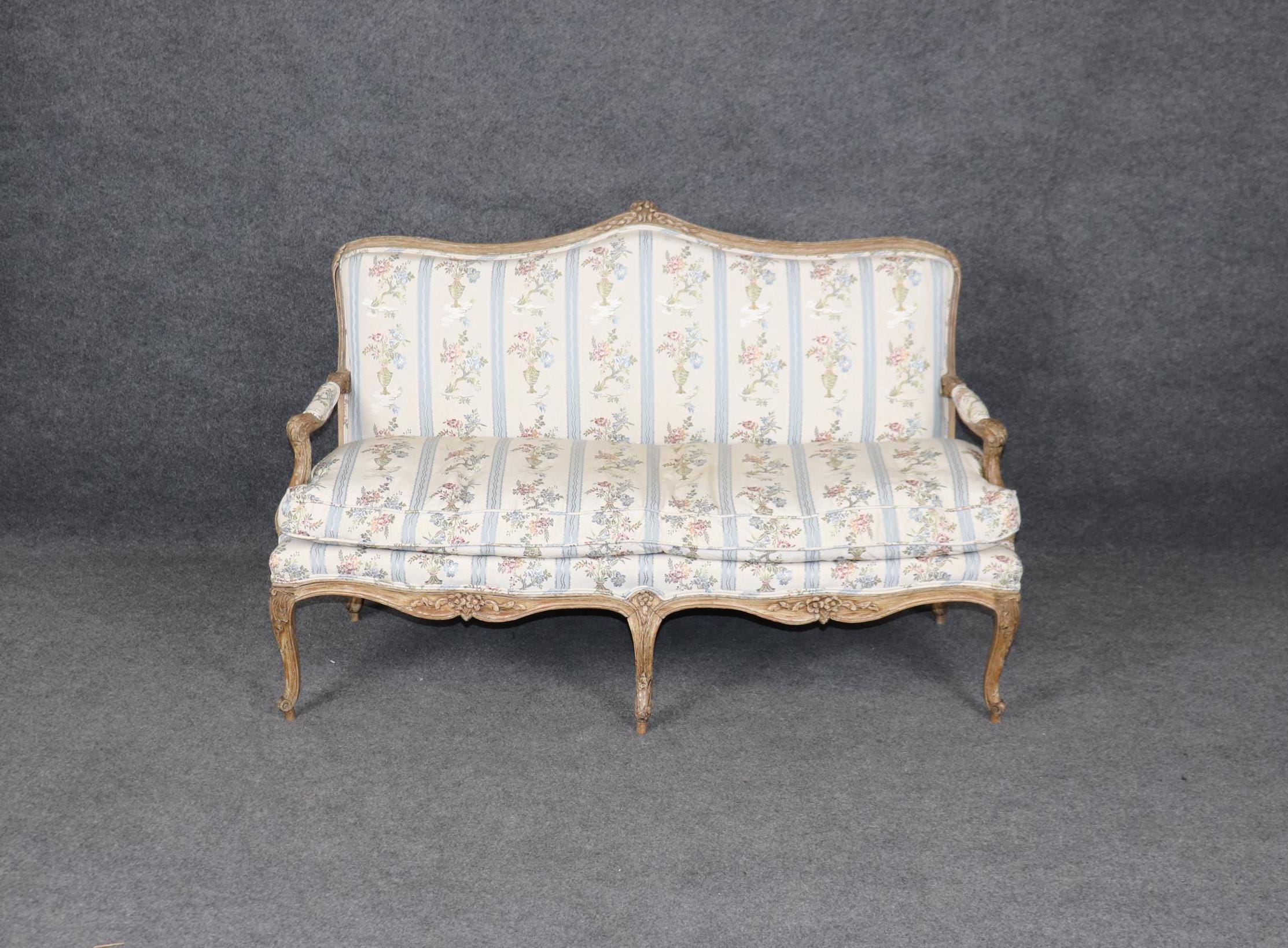 Vintage Louis XV Style Settee: Distressed Paint, Floral Upholstery