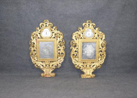Antique Italian Gold Gilt Mirrors: Etched Glass Panel Pair