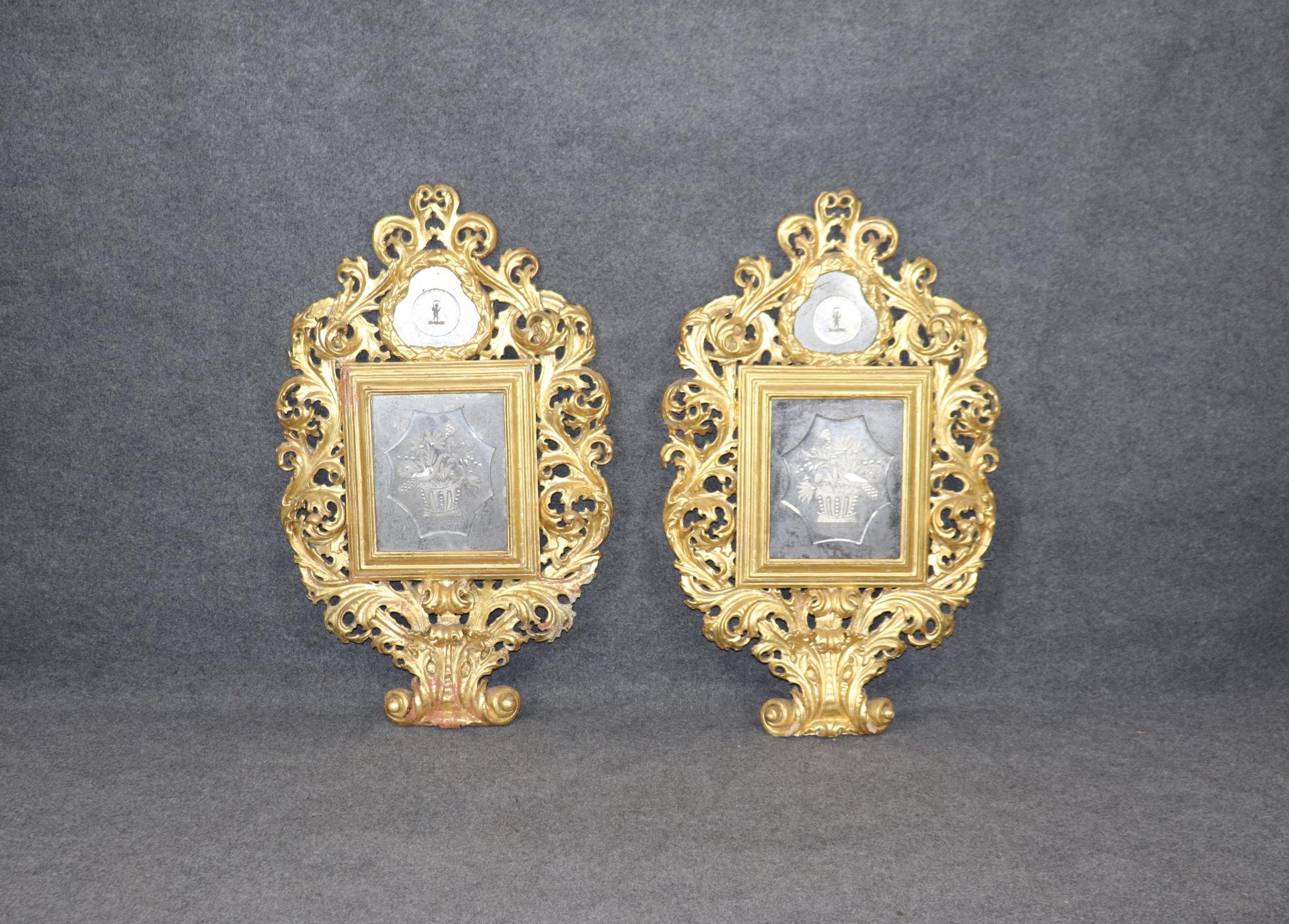 Antique Italian Gold Gilt Mirrors: Etched Glass Panel Pair