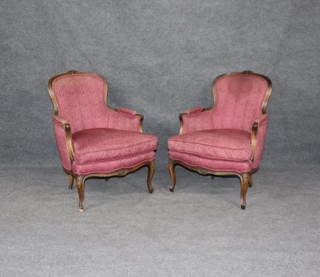 Antique French Louis XV Style Armchairs: Purple Upholstered Bergeres