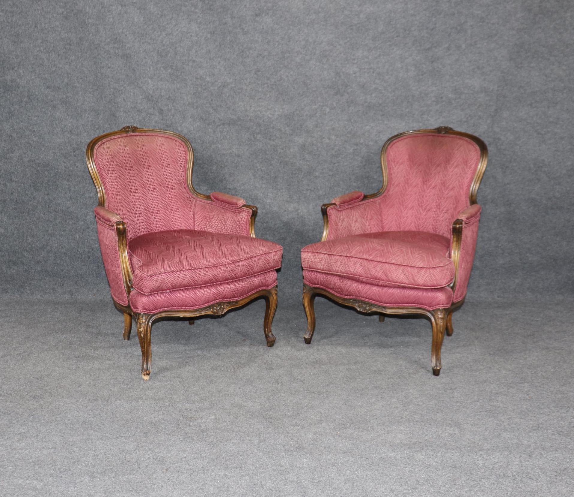 Antique French Louis XV Style Armchairs: Purple Upholstered Bergeres