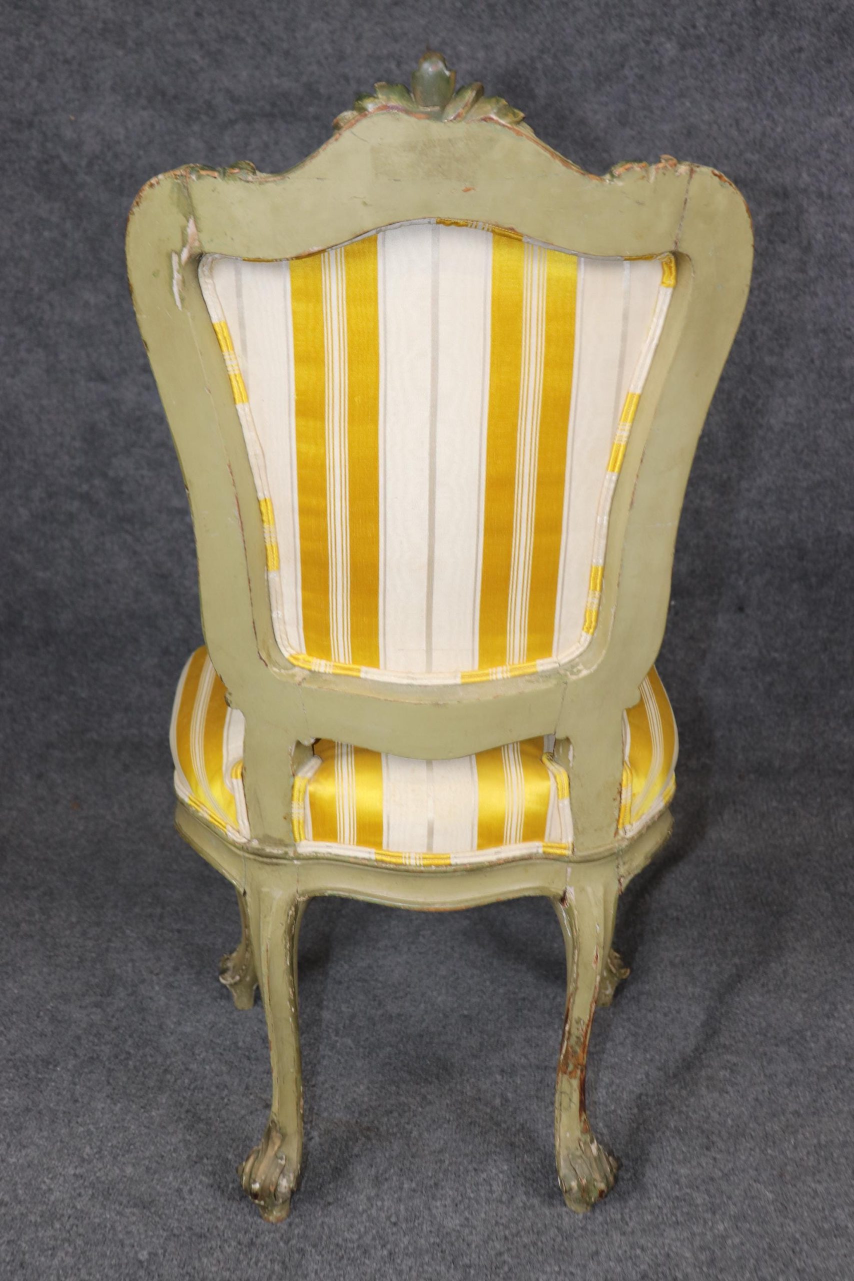 Antique French Louis XV Style Side Chair: Yellow Striped Upholstery - Image 4