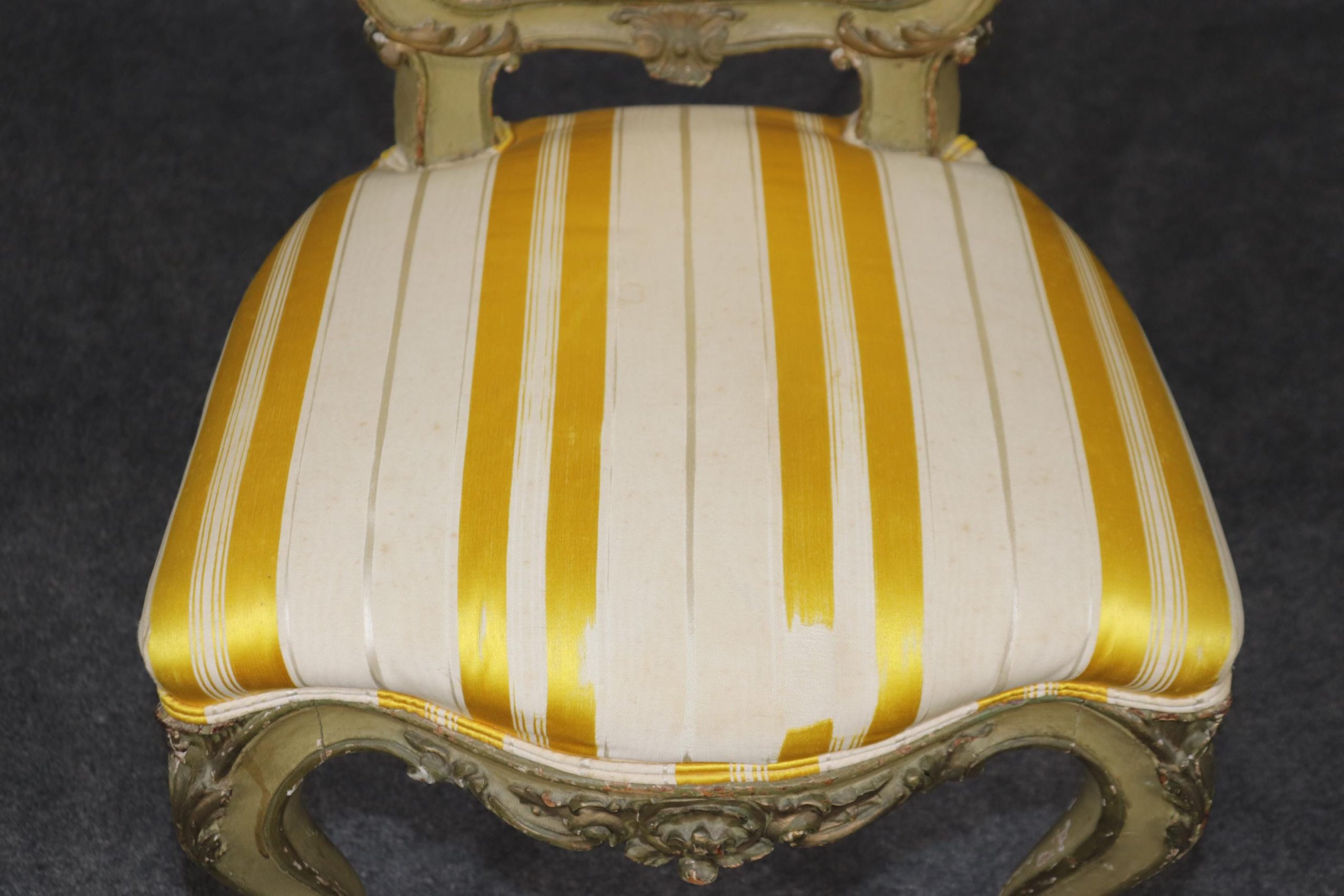 Antique French Louis XV Style Side Chair: Yellow Striped Upholstery - Image 7