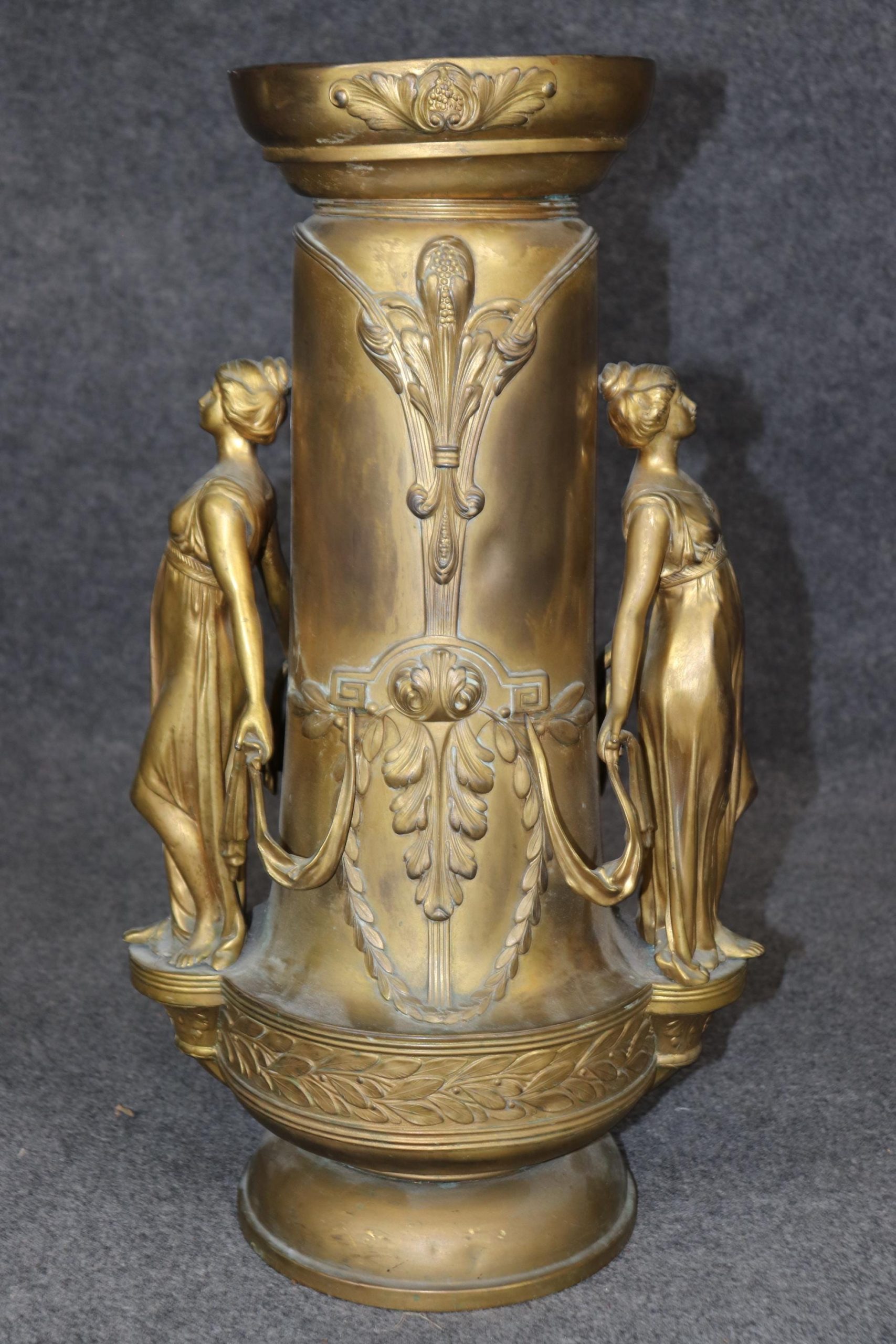 Vintage Art Nouveau Gilt Metal Figural Urn Vase: Entryway Decor - Image 2