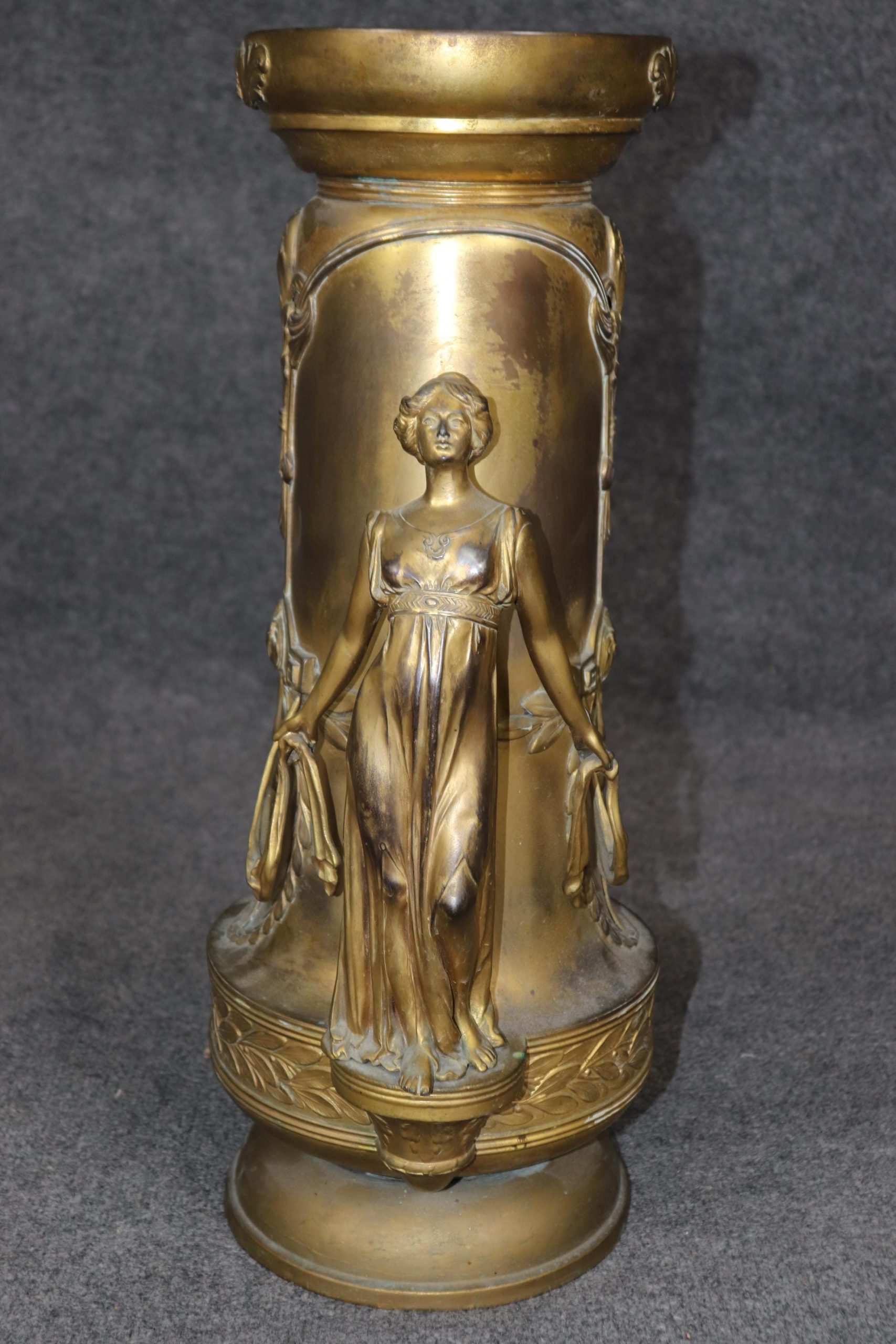 Vintage Art Nouveau Gilt Metal Figural Urn Vase: Entryway Decor - Image 3