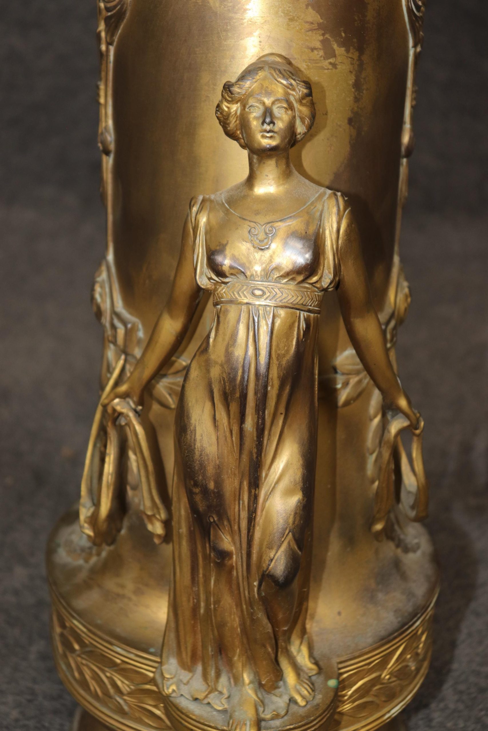 Vintage Art Nouveau Gilt Metal Figural Urn Vase: Entryway Decor - Image 8