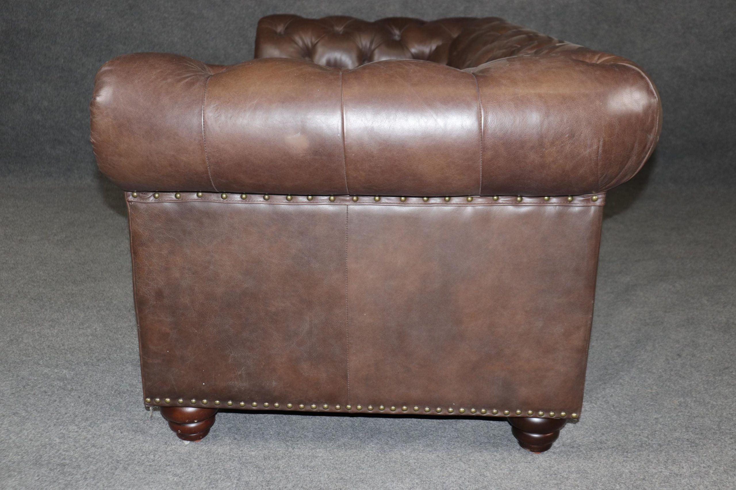 Vintage Brown Tufted Leather Chesterfield Loveseat - MCM Living Room Furniture - Image 3