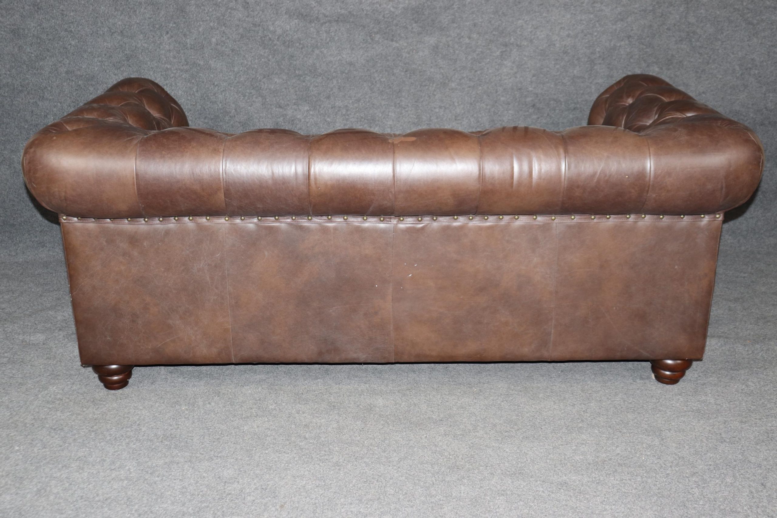 Vintage Brown Tufted Leather Chesterfield Loveseat - MCM Living Room Furniture - Image 4