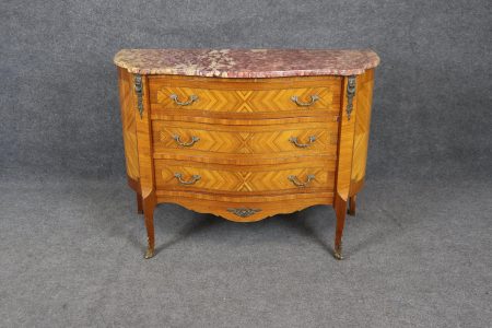 Vintage Louis XV Style Marble Top Commode: Inlaid 3-Drawer Chest