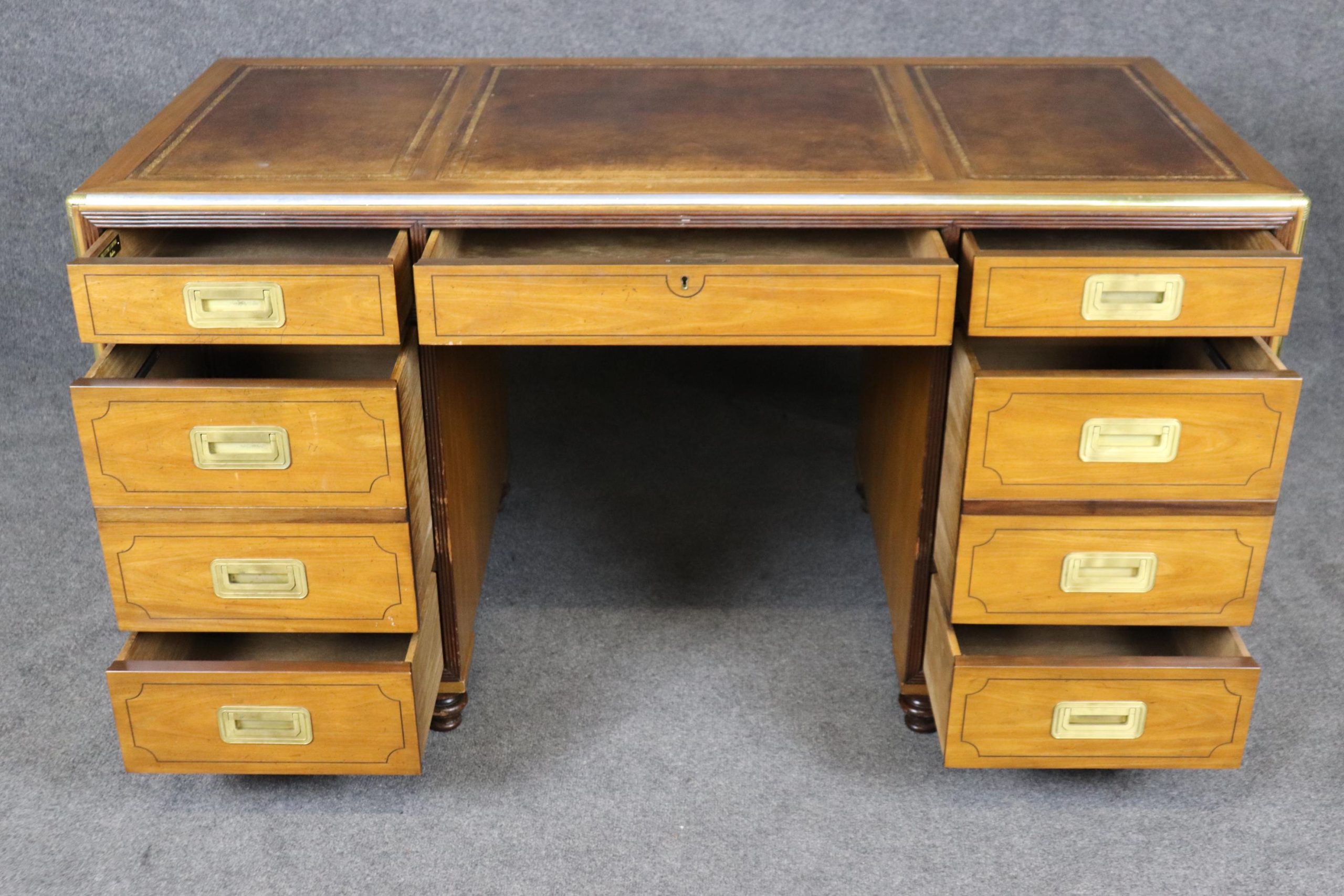 Vintage Baker Furniture Campaign Style Leather Top Desk - Image 5