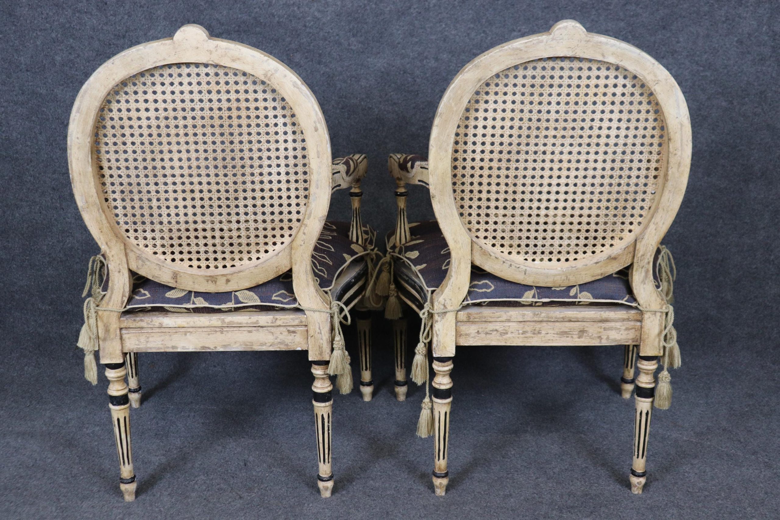 Louis XVI Style Cane Back Armchairs: Distressed Paint Accent Chairs - Image 4