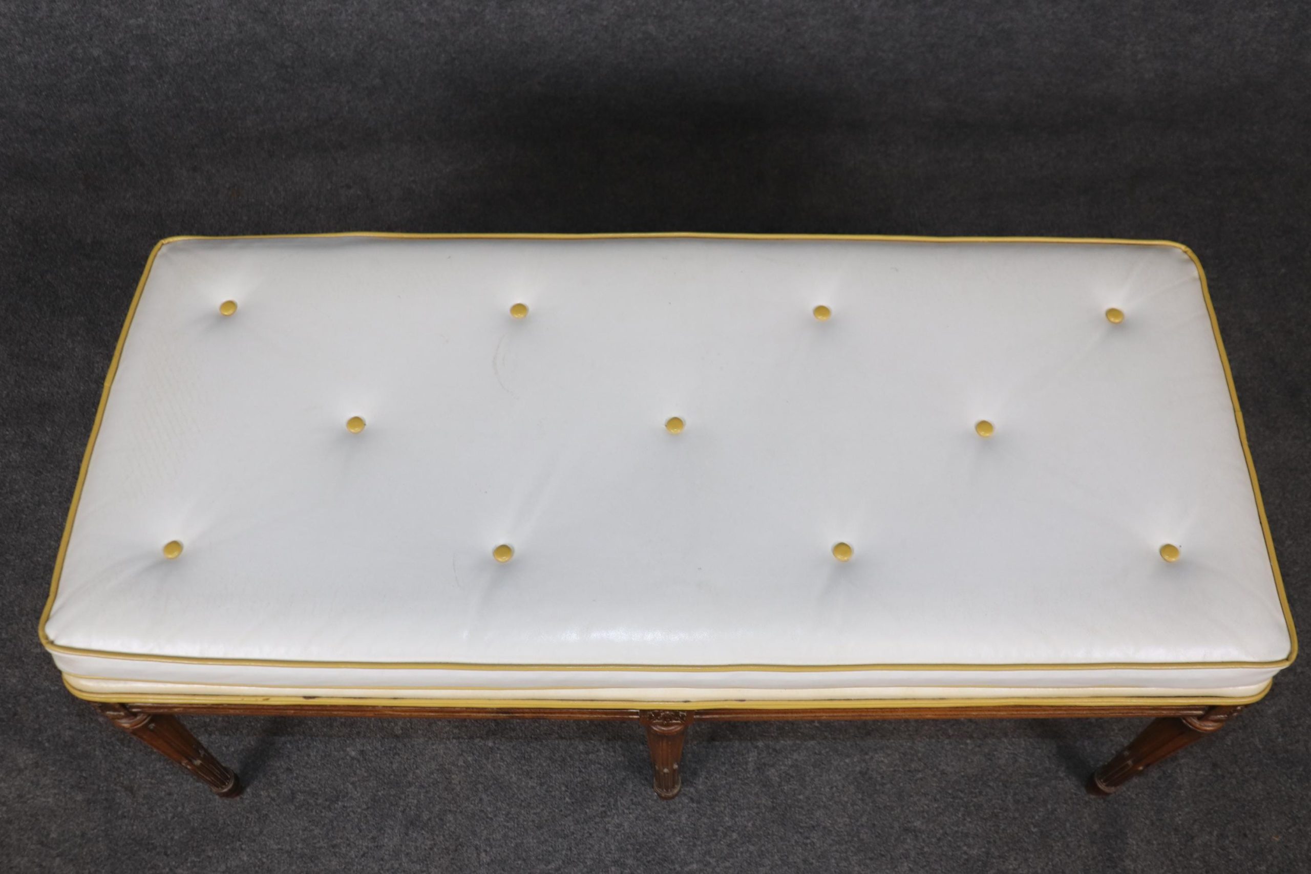 Vintage French Louis XVI Style Tufted Bench: Upholstered Window Seat - Image 6