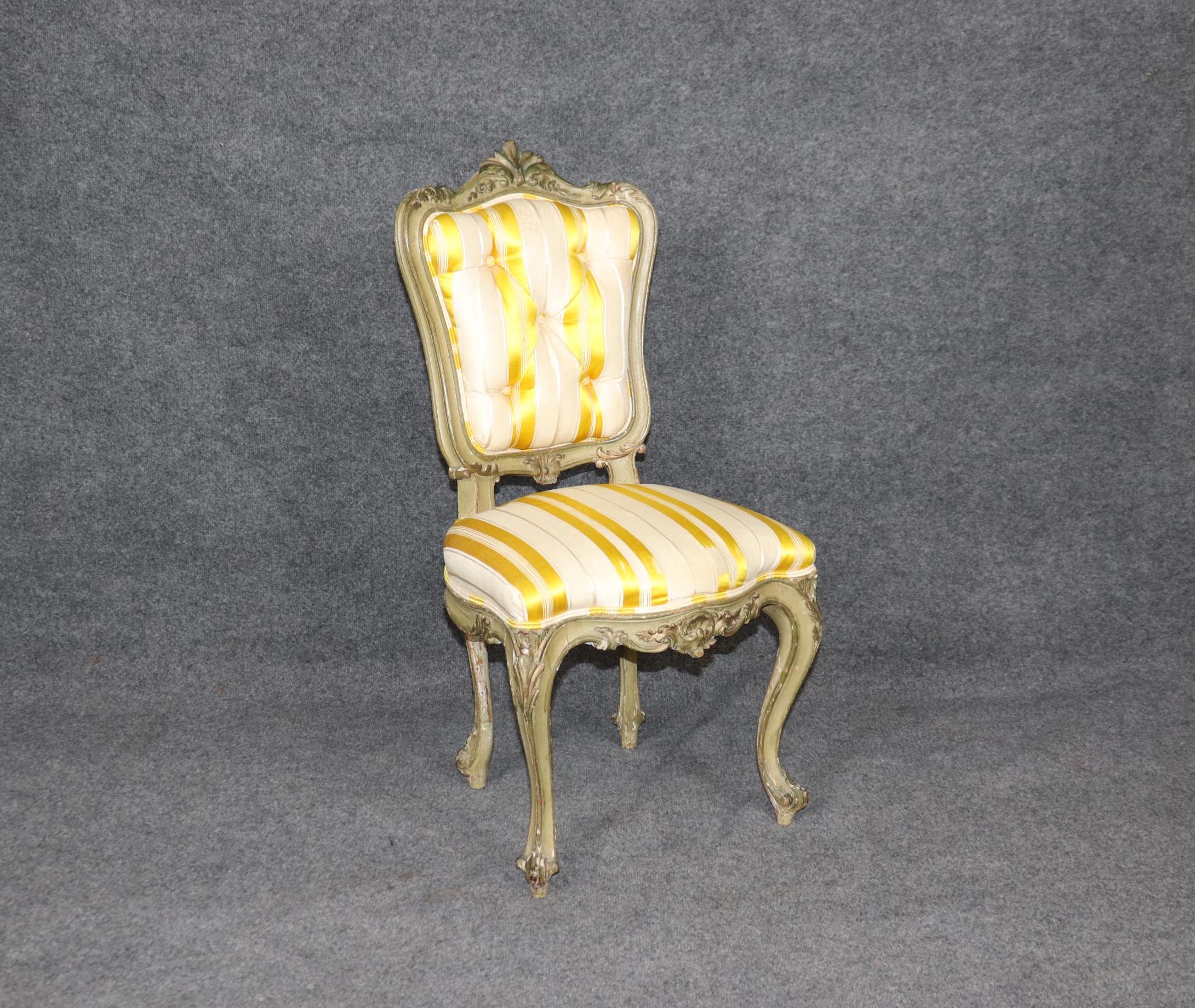 Antique French Louis XV Style Side Chair: Yellow Striped Upholstery
