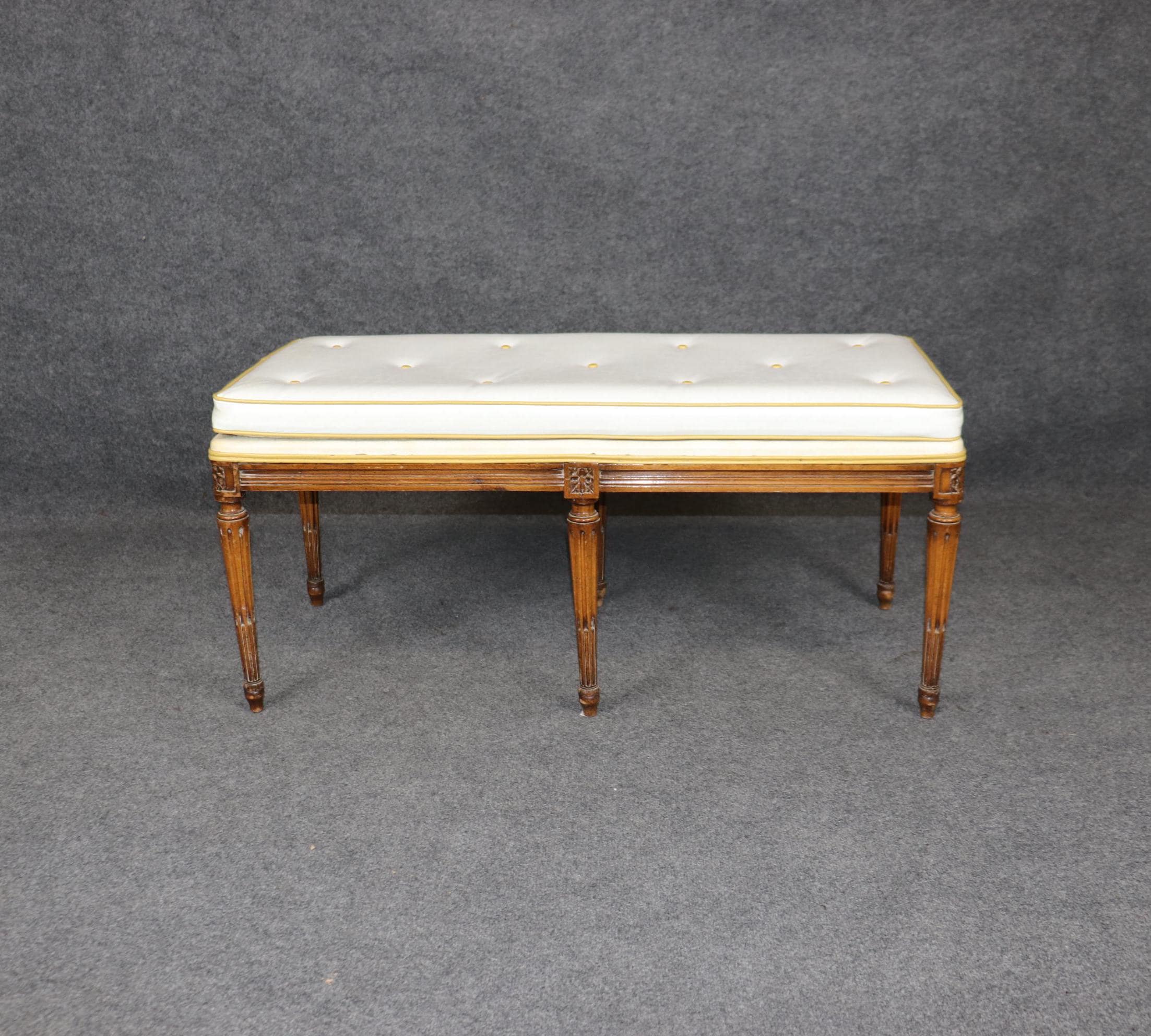Vintage French Louis XVI Style Tufted Bench: Upholstered Window Seat