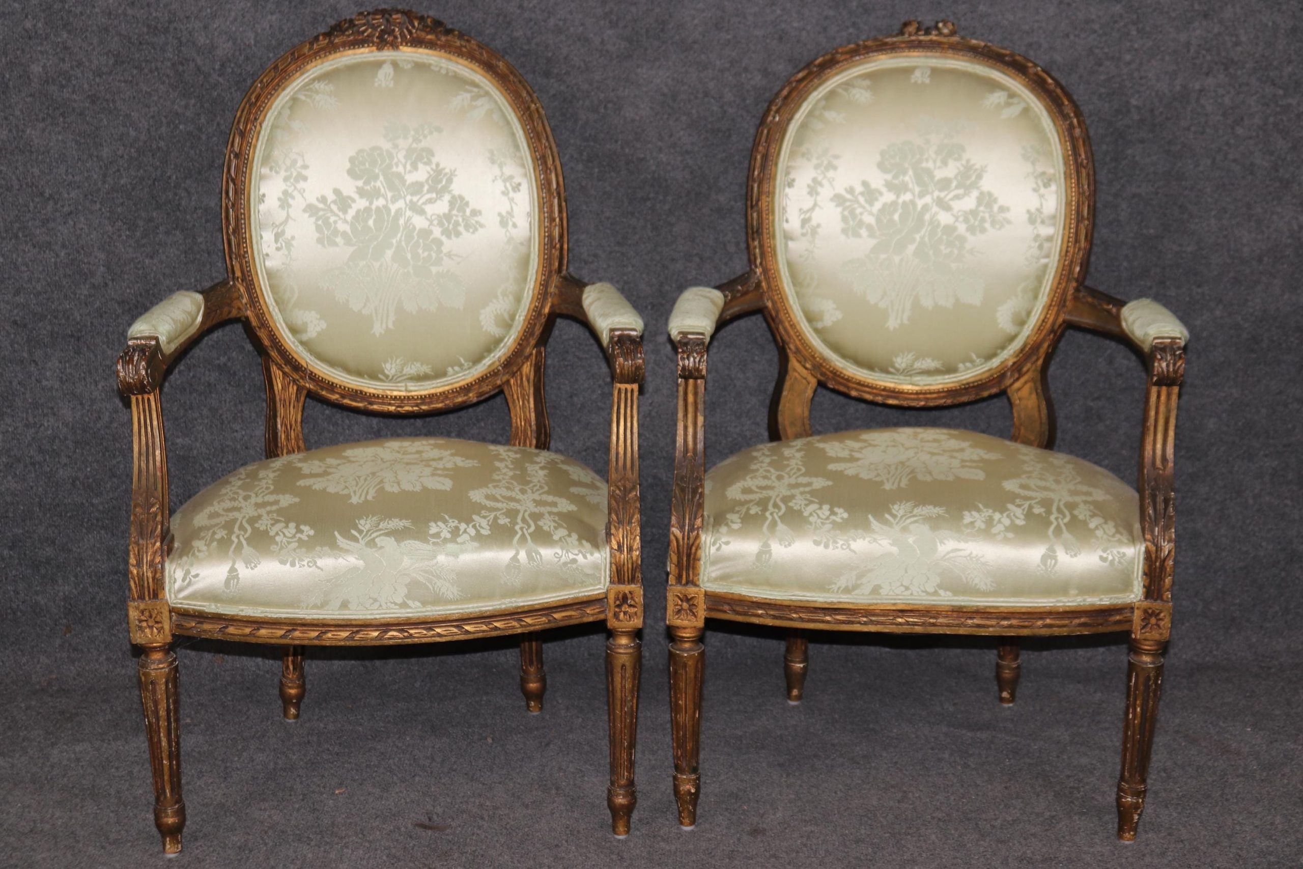 Antique Louis XVI Style Gilt Armchairs: Distressed French Accent Chairs, Pair - Image 2