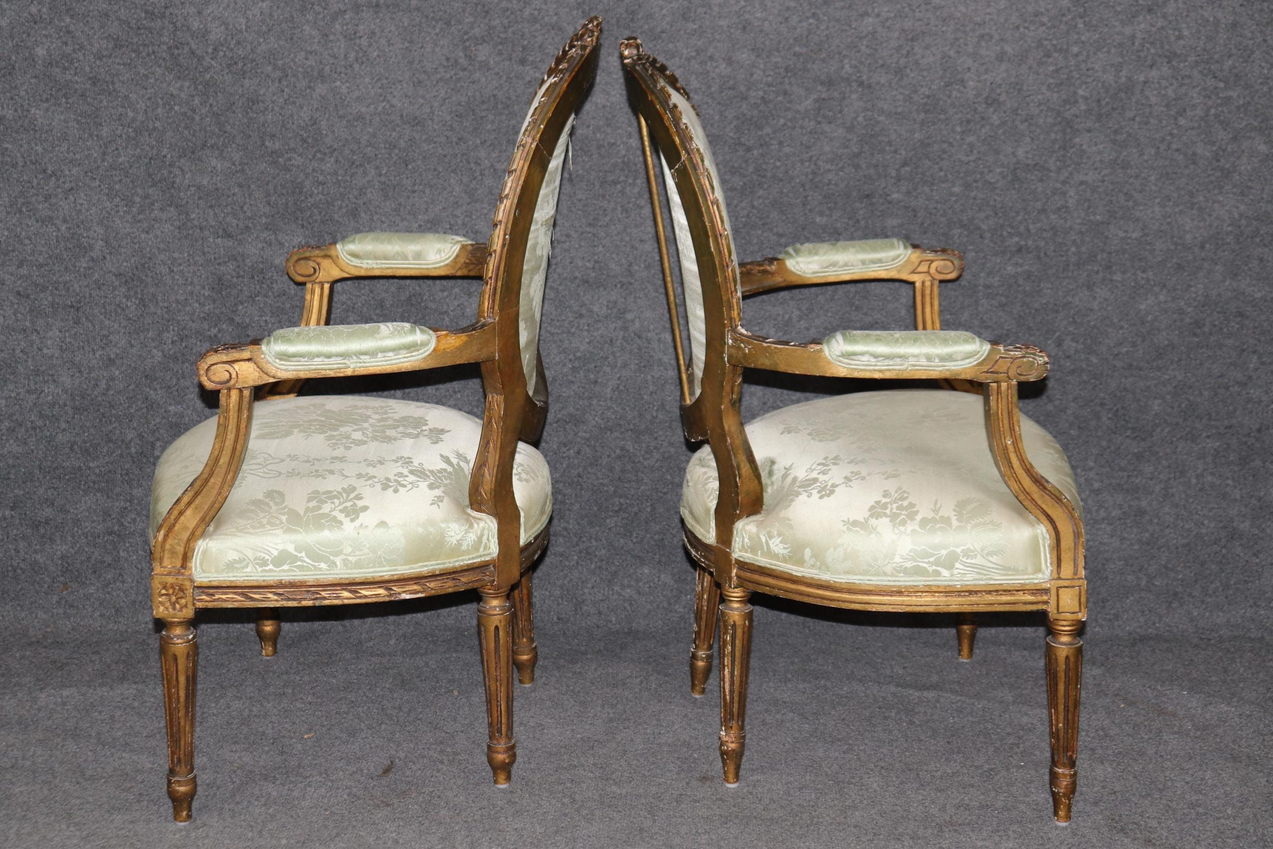 Antique Louis XVI Style Gilt Armchairs: Distressed French Accent Chairs, Pair - Image 3