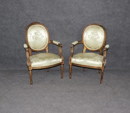Antique Louis XVI Style Gilt Armchairs: Distressed French Accent Chairs, Pair